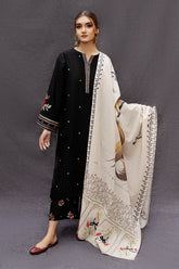 URGE - 3PC DHANAK EMBROIDERED SHIRT WITH TWILL PRINTED SHAWL AND TROUSER - HZG1461