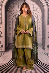 URGE - 3PC DHANAK EMBROIDERED SHIRT WITH TWILL PRINTED SHAWL AND TROUSER - HZG2367