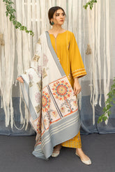 URGE - 3PC DHANAK EMBROIDERED SHIRT WITH PASHMINA WOOL PRINTED SHAWL AND TROUSER - HZG1415