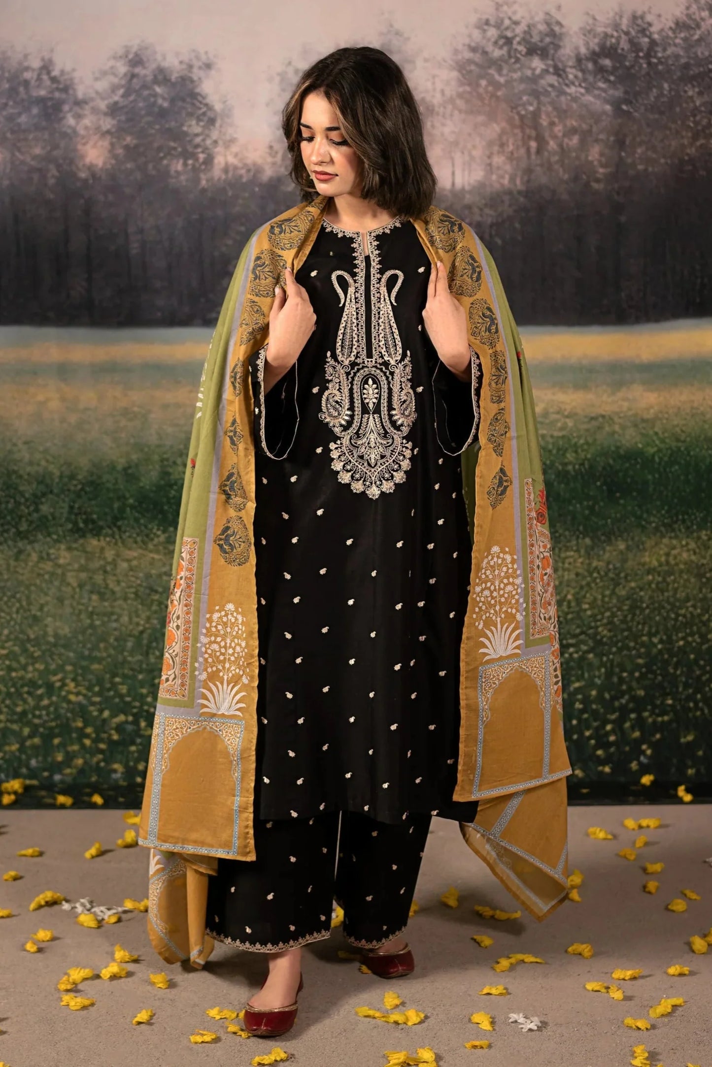 URGE - 3PC DHANAK EMBROIDERED SHIRT WITH TWILL PRINTED SHAWL AND TROUSER - HZG2371