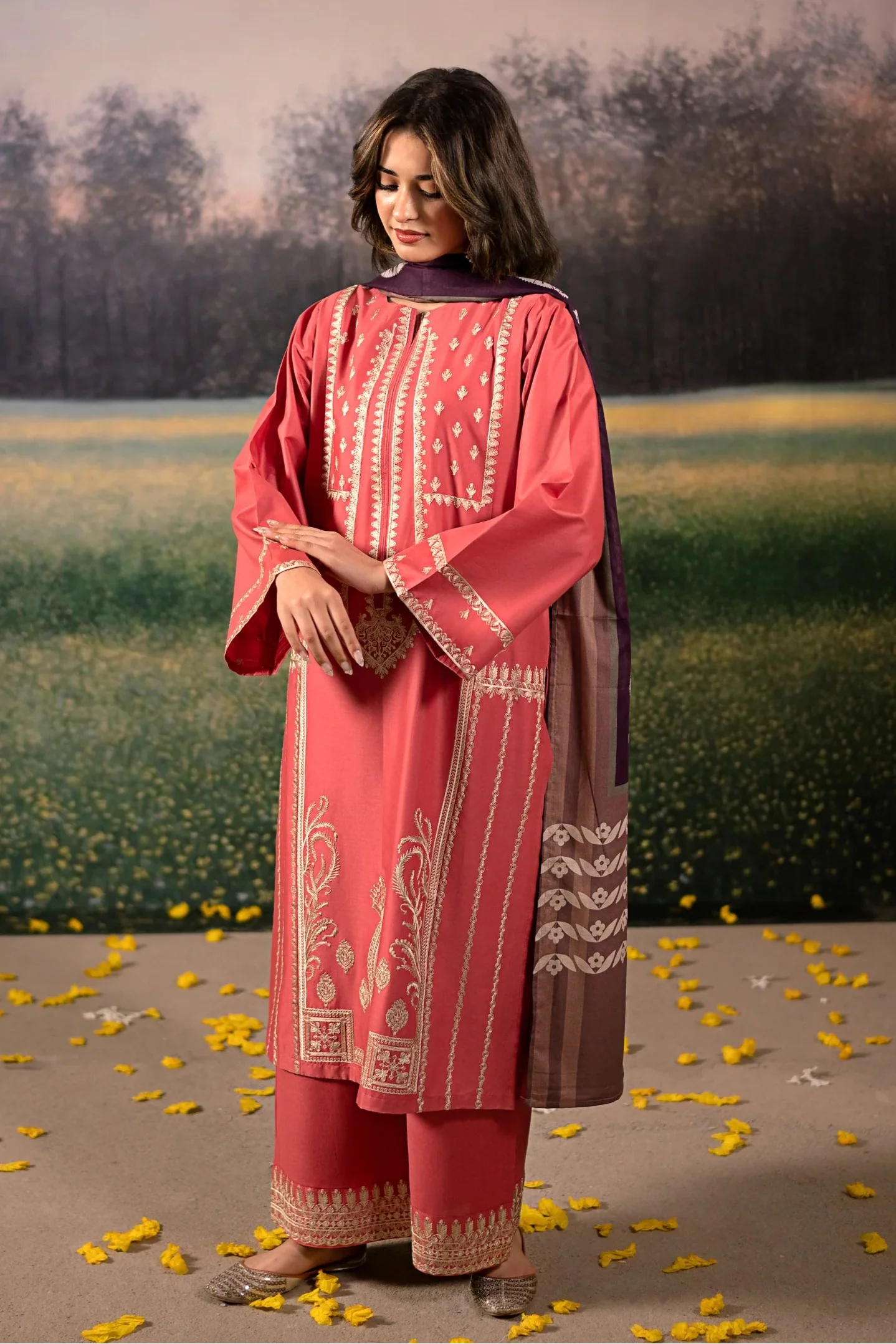 URGE - 3PC DHANAK EMBROIDERED SHIRT WITH TWILL PRINTED SHAWL AND TROUSER - HZG2389