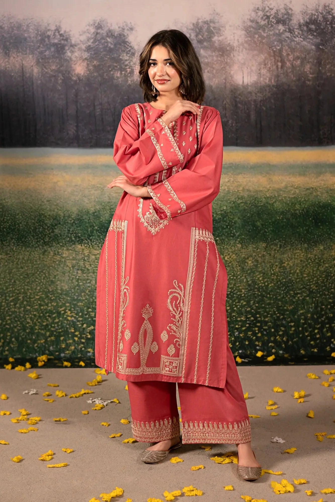 URGE - 3PC DHANAK EMBROIDERED SHIRT WITH TWILL PRINTED SHAWL AND TROUSER - HZG2389