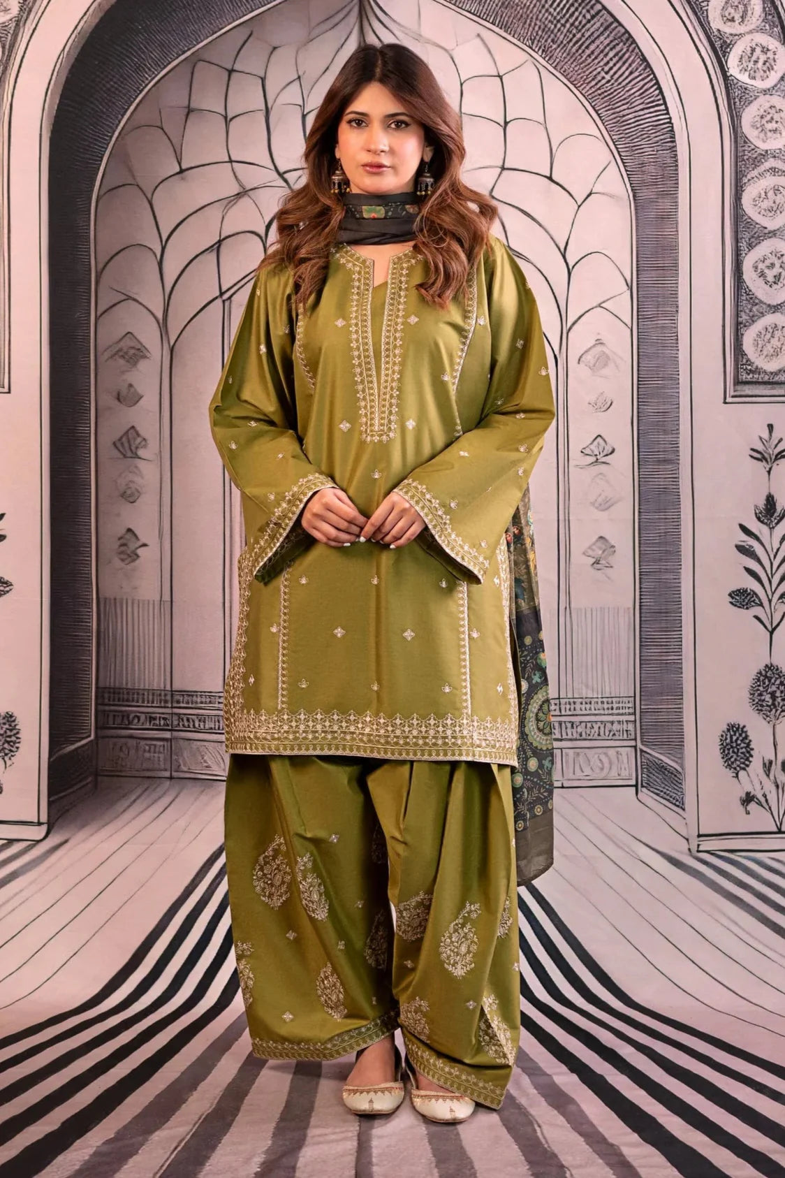 URGE - 3PC DHANAK EMBROIDERED SHIRT WITH TWILL PRINTED SHAWL AND TROUSER - HZG2367