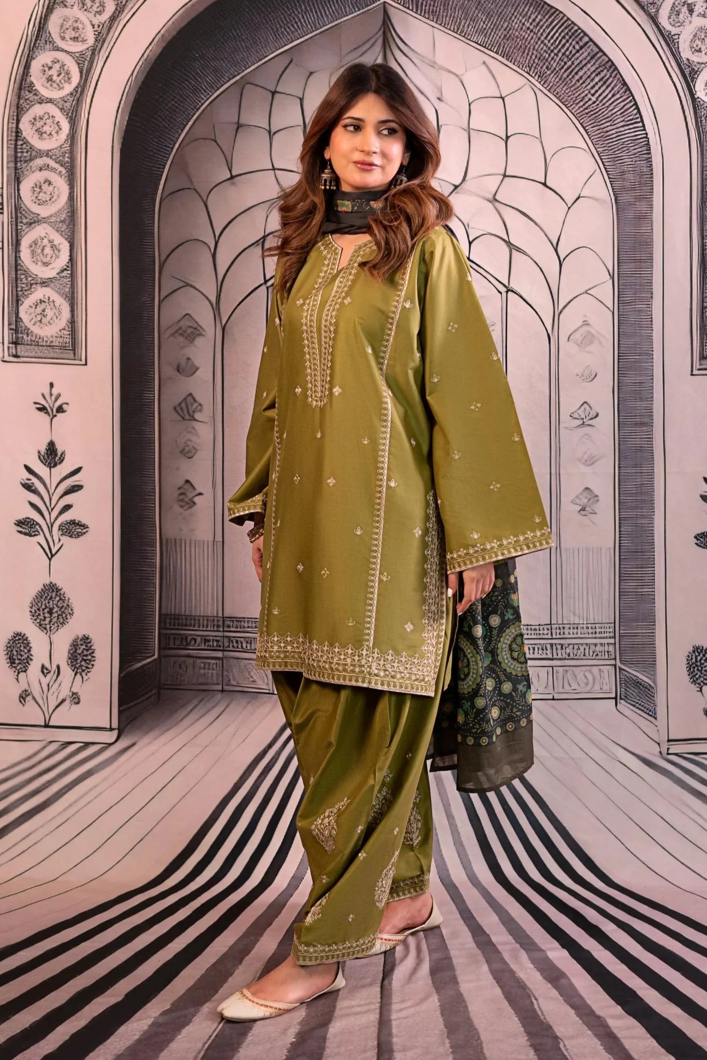 URGE - 3PC DHANAK EMBROIDERED SHIRT WITH TWILL PRINTED SHAWL AND TROUSER - HZG2367