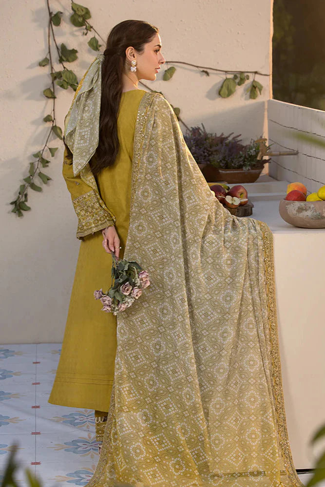 JADE - 3PC DHANAK EMBROIDERED SHIRT WITH TWILL PRINTED SHAWL AND TROUSER - HZG2269