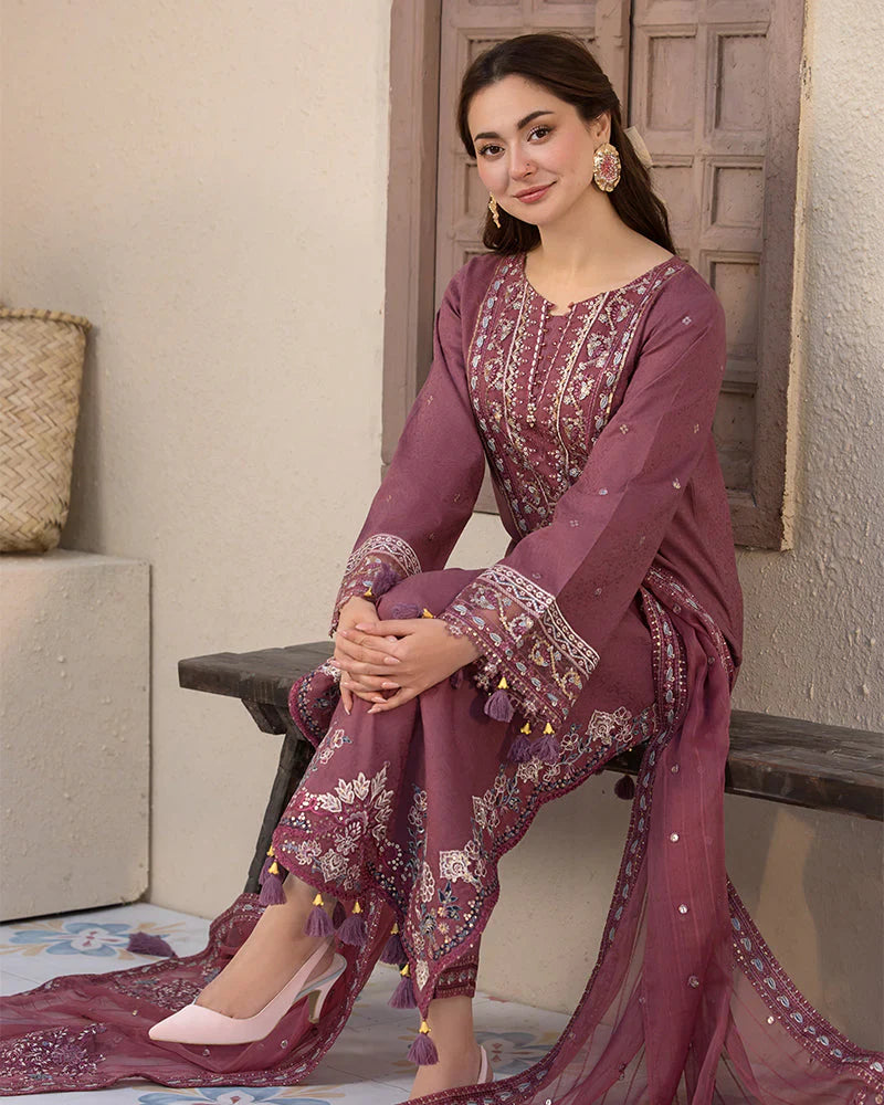 JADE - 3PC DHANAK EMBROIDERED SHIRT WITH DHANAK EMBROIDERED DUPATTA AND TROUSER - HZG2225