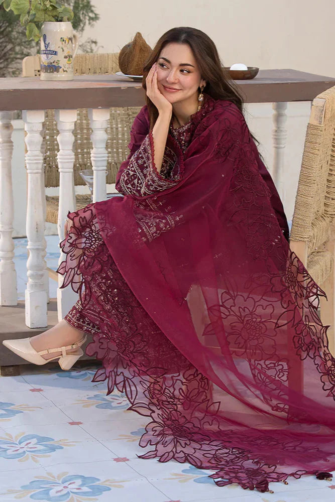 QALAMQAR - 3PC DHANAK SEQUIN EMBROIDERED SHIRT WITH ORGANZA EMBROIDERED DUPATTA AND TROUSER - HZG2209