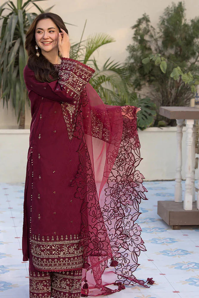 QALAMQAR - 3PC DHANAK SEQUIN EMBROIDERED SHIRT WITH ORGANZA EMBROIDERED DUPATTA AND TROUSER - HZG2209