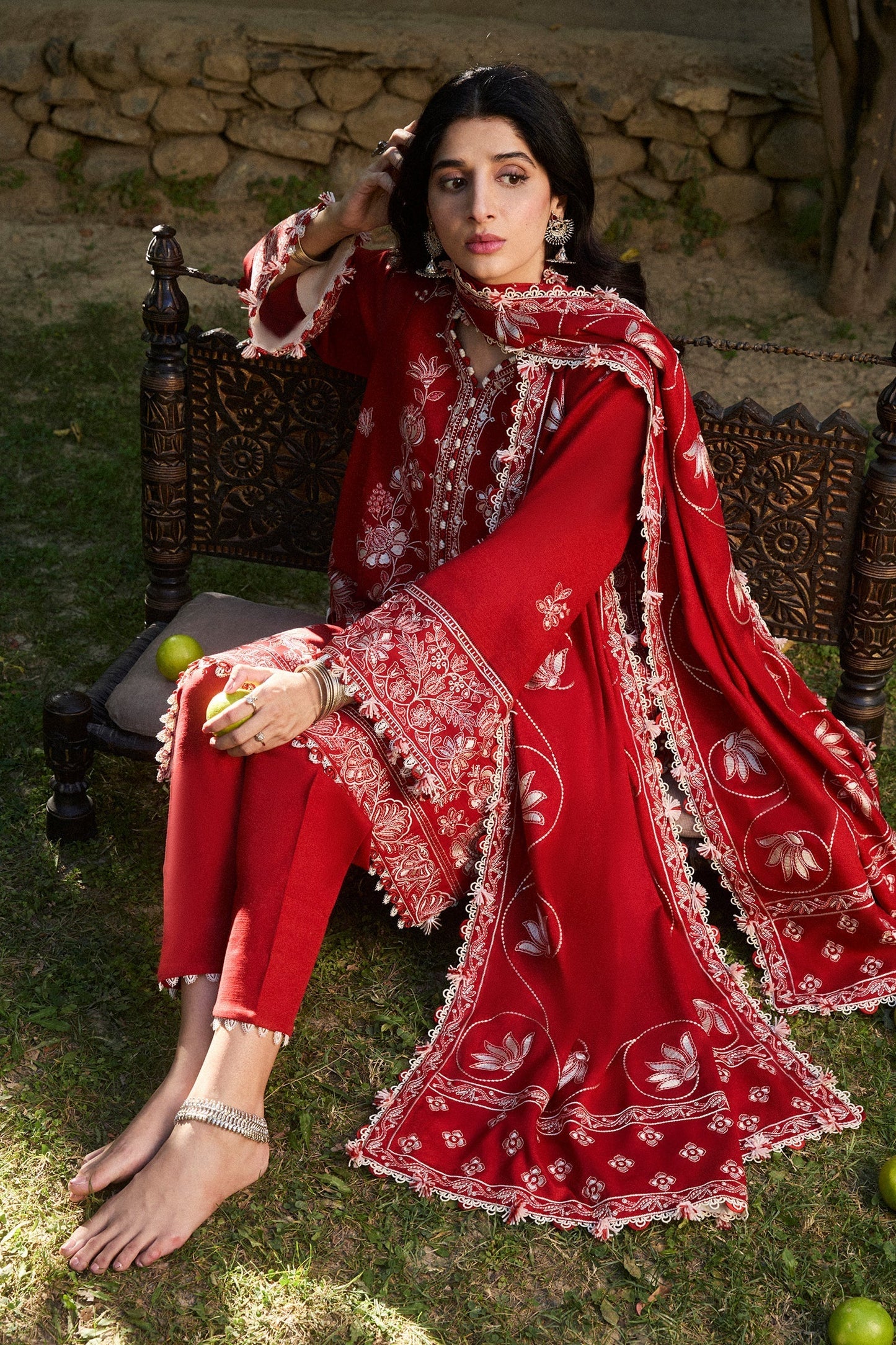 ZAHA - 3PC DHANAK EMBROIDERED SHIRT WITH DHANAK EMBROIDERED SHAWL AND TROUSER - HZG2029
