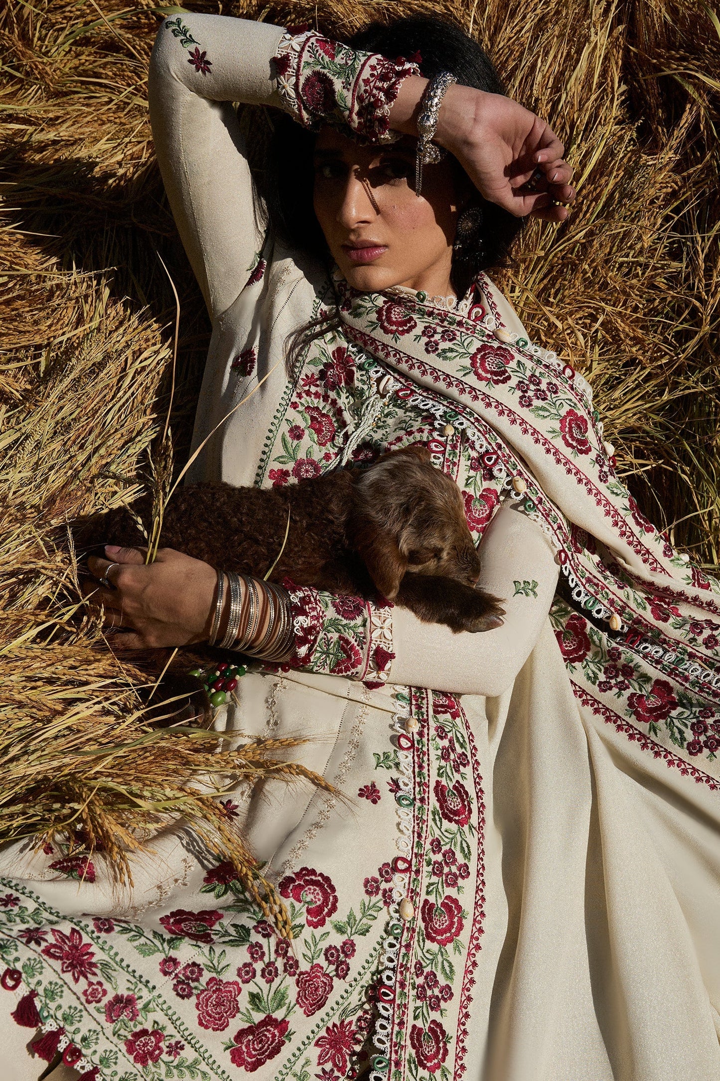 ZAHA - 3PC DHANAK EMBROIDERED SHIRT WITH DHANAK EMBROIDERED SHAWL AND TROUSER - HZG2055