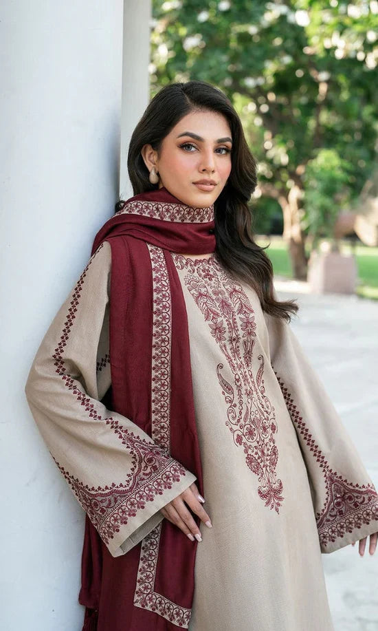 JAZMIN - 3PC DHANAK EMBROIDERED SHIRT WITH DHANAK EMBROIDERED SHAWL AND TROUSER - HZU2524