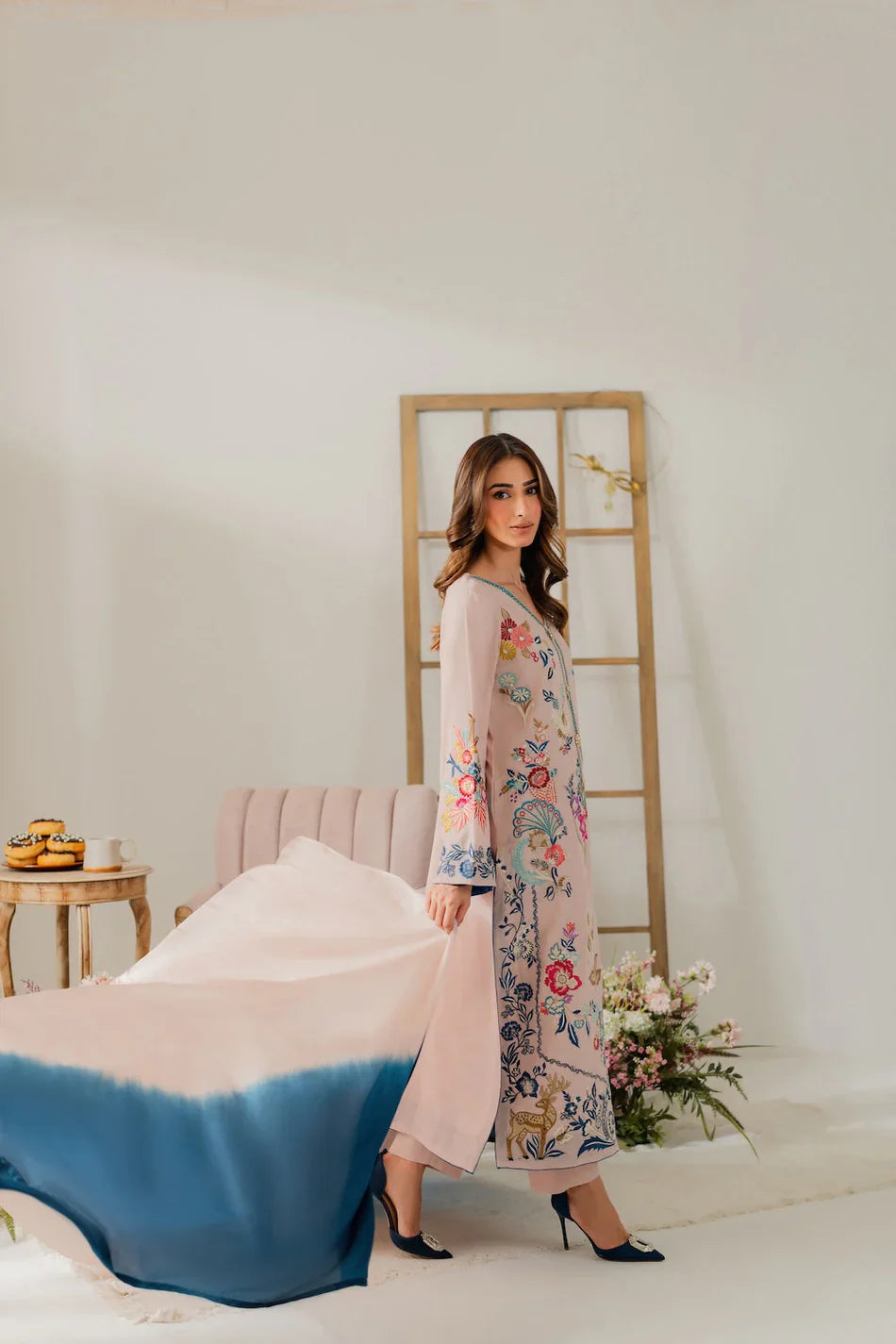 BATIK - 3PC DHANAK EMBROIDERED SHIRT WITH CHIFFON TYE AND DYE DUPATTA AND TROUSER - HZU2474
