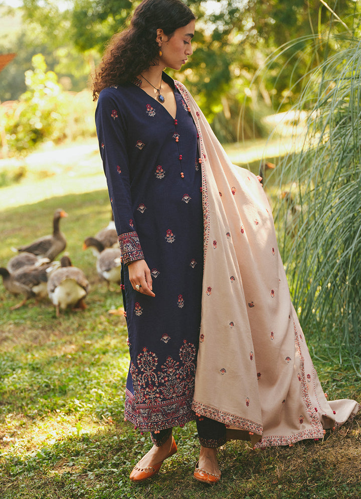 MARIA B - 3PC DHANAK EMBROIDERED SHIRT WITH DHANAK EMBROIDERED SHAWL AND TROUSER - HZG1481