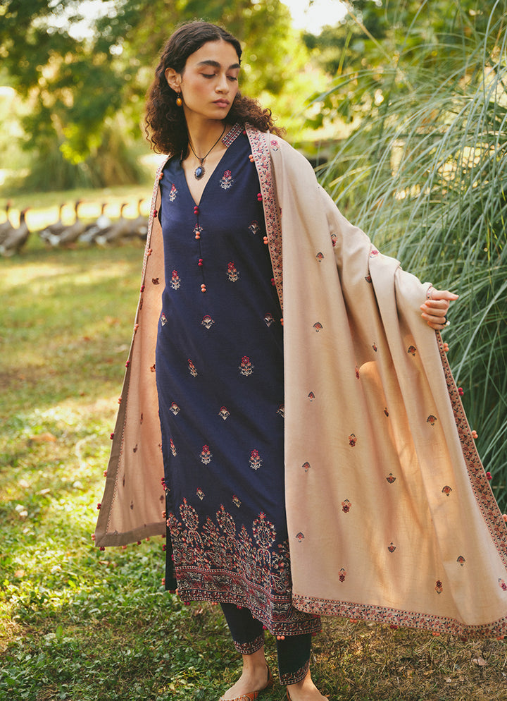 MARIA B - 3PC DHANAK EMBROIDERED SHIRT WITH DHANAK EMBROIDERED SHAWL AND TROUSER - HZG1481