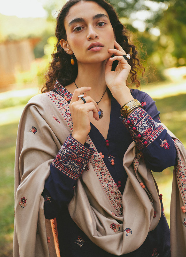 MARIA B - 3PC DHANAK EMBROIDERED SHIRT WITH DHANAK EMBROIDERED SHAWL AND TROUSER - HZG1481