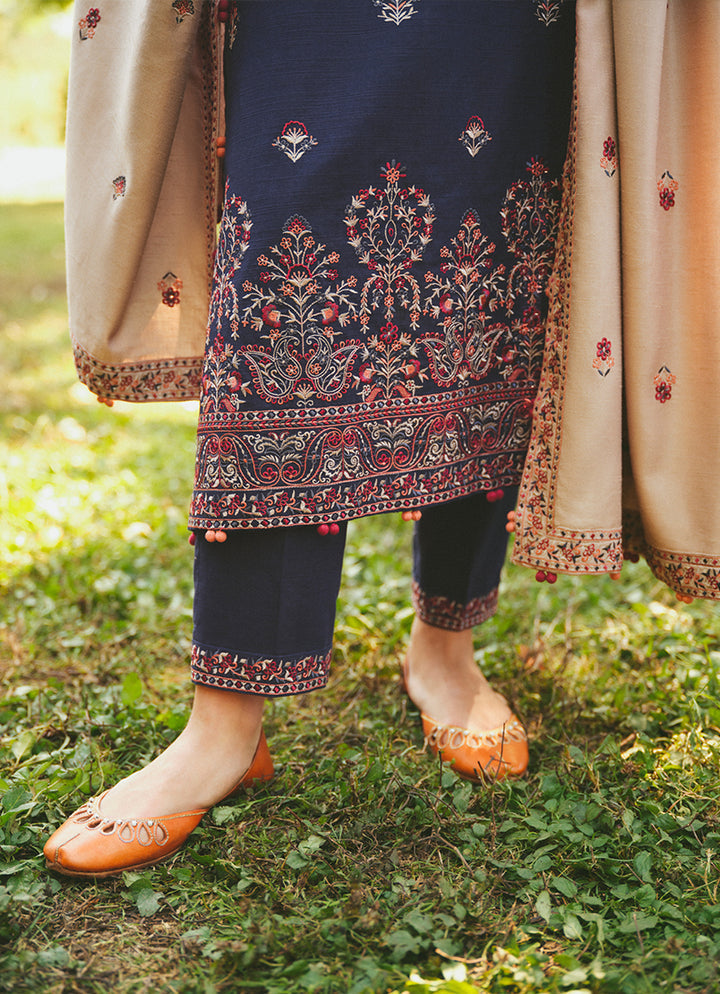 MARIA B - 3PC DHANAK EMBROIDERED SHIRT WITH DHANAK EMBROIDERED SHAWL AND TROUSER - HZG1481