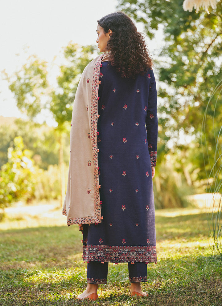 MARIA B - 3PC DHANAK EMBROIDERED SHIRT WITH DHANAK EMBROIDERED SHAWL AND TROUSER - HZG1481