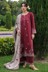IMAGE - 3PC DHANAK EMBROIDERED SHIRT WITH DHANAK EMBROIDERED SHAWL AND TROUSER - HZG2397