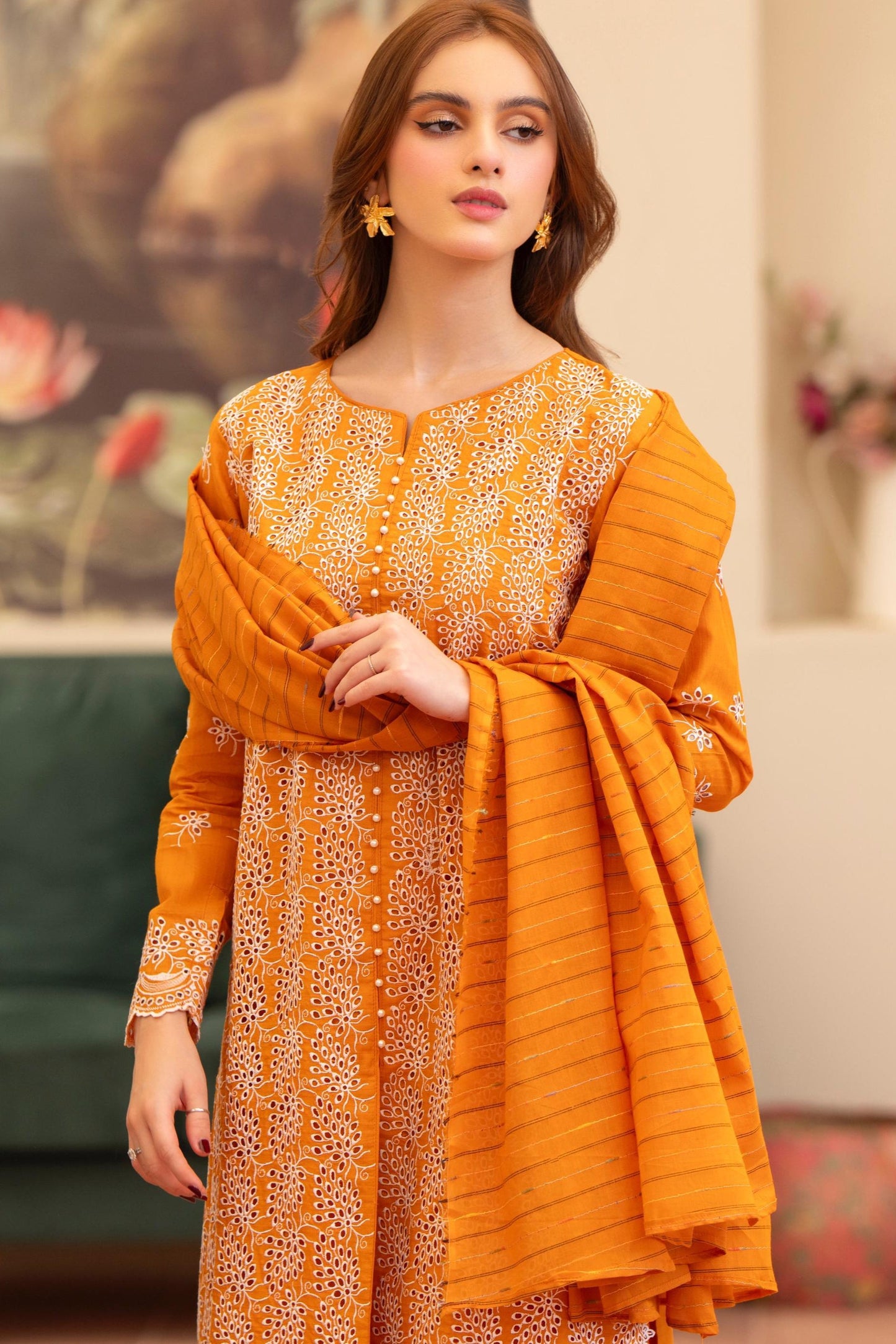 MIRAKHI - 3PC LAWN CHIKANKAARI EMBROIDERED SHIRT WITH LAWN TUBE SLUB DUPATTA AND TROUSER - HZG2261