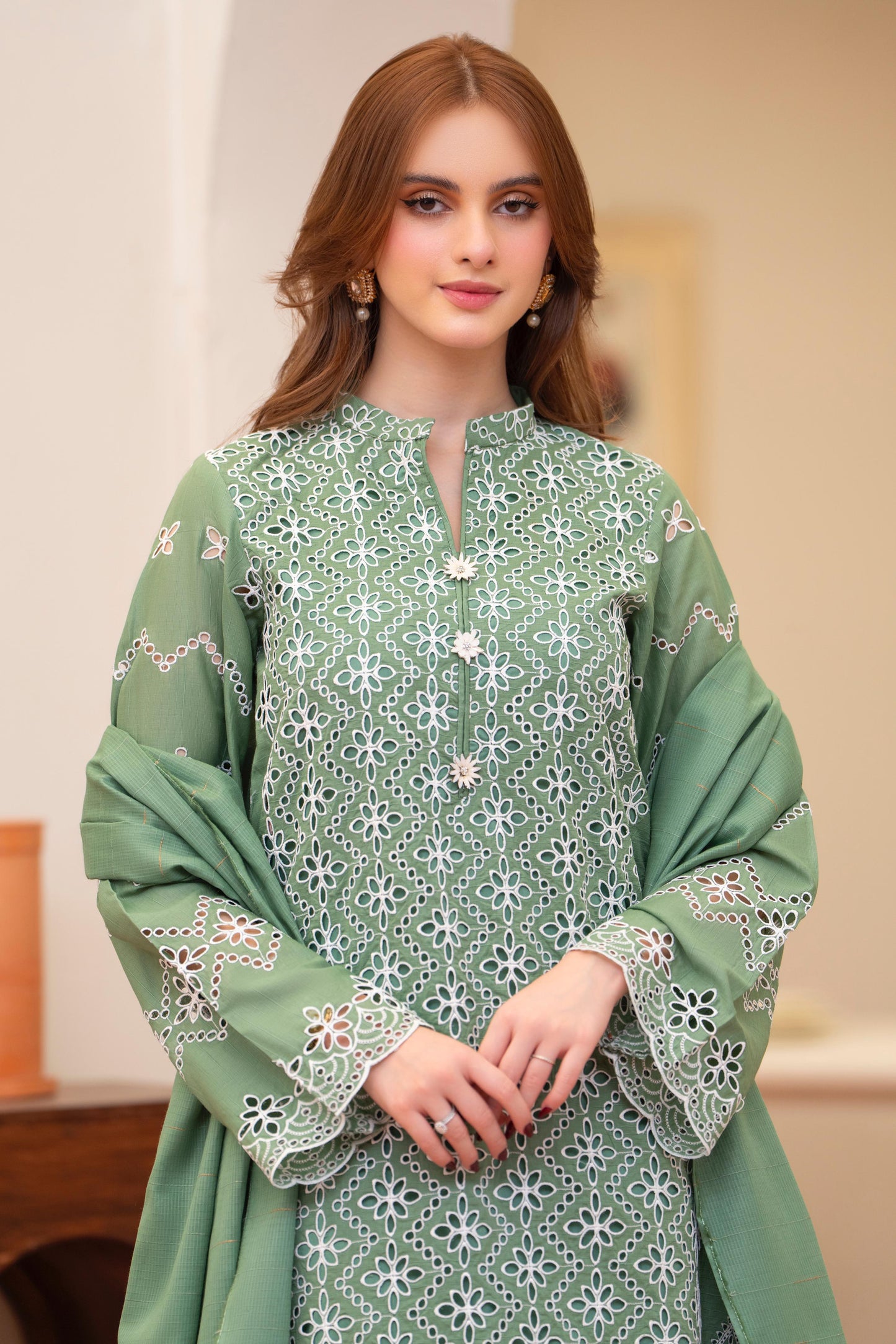 MIRAKHI - 3PC LAWN CHIKANKAARI EMBROIDERED SHIRT WITH LAWN TUBE SLUB DUPATTA AND TROUSER - HZG2260