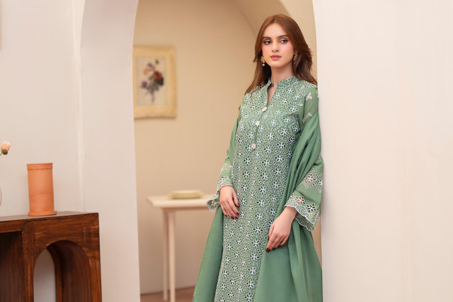 MIRAKHI - 3PC LAWN CHIKANKAARI EMBROIDERED SHIRT WITH LAWN TUBE SLUB DUPATTA AND TROUSER - HZG2260