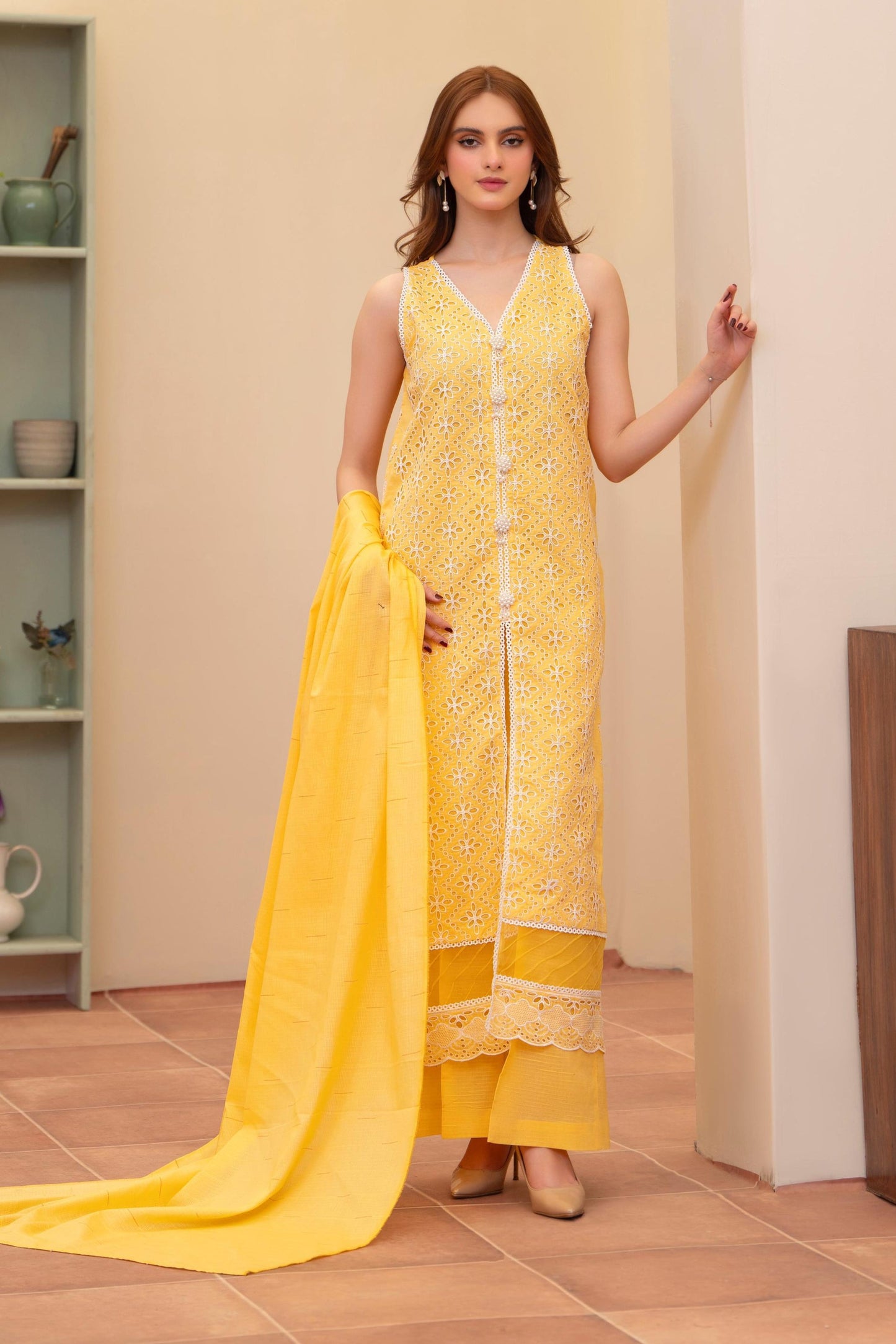 MIRAKHI - 3PC LAWN CHIKANKAARI EMBROIDERED SHIRT WITH LAWN TUBE SLUB DUPATTA AND TROUSER - HZG2259
