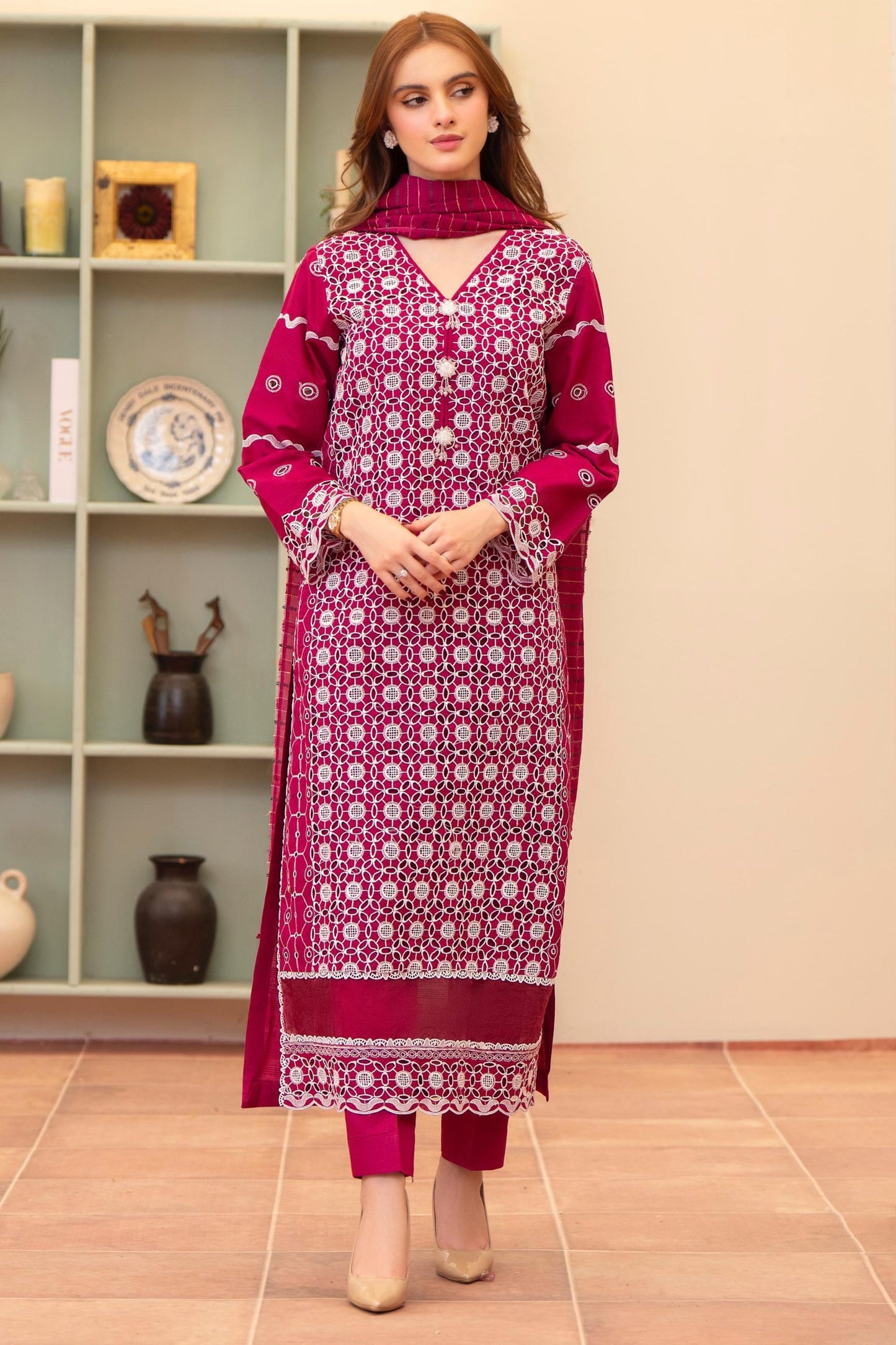 MIRAKHI - 3PC LAWN CHIKANKAARI EMBROIDERED SHIRT WITH LAWN TUBE SLUB DUPATTA AND TROUSER - HZG2258