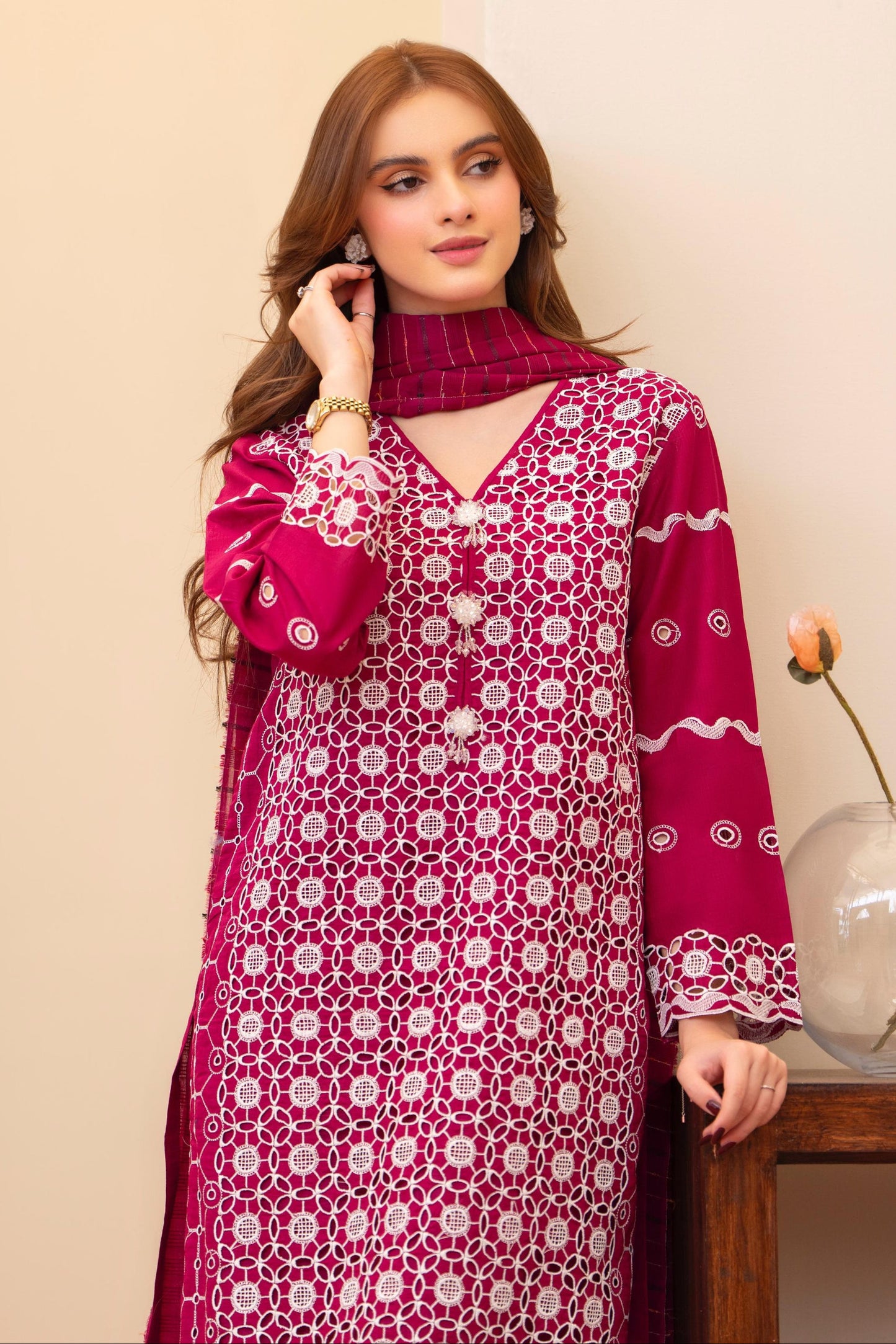 MIRAKHI - 3PC LAWN CHIKANKAARI EMBROIDERED SHIRT WITH LAWN TUBE SLUB DUPATTA AND TROUSER - HZG2258