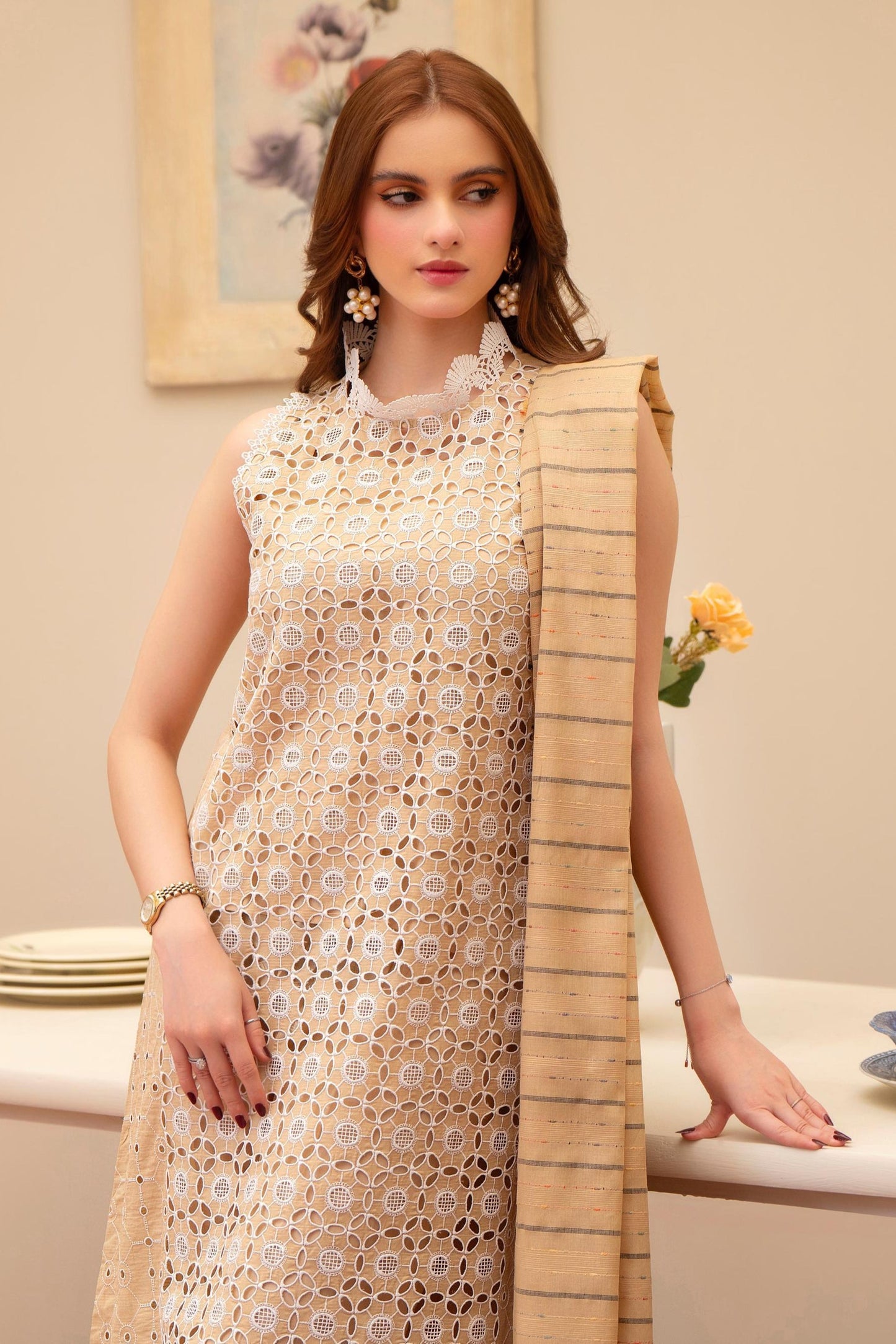 MIRAKHI - 3PC LAWN CHIKANKAARI EMBROIDERED SHIRT WITH LAWN TUBE SLUB DUPATTA AND TROUSER - HZG2257