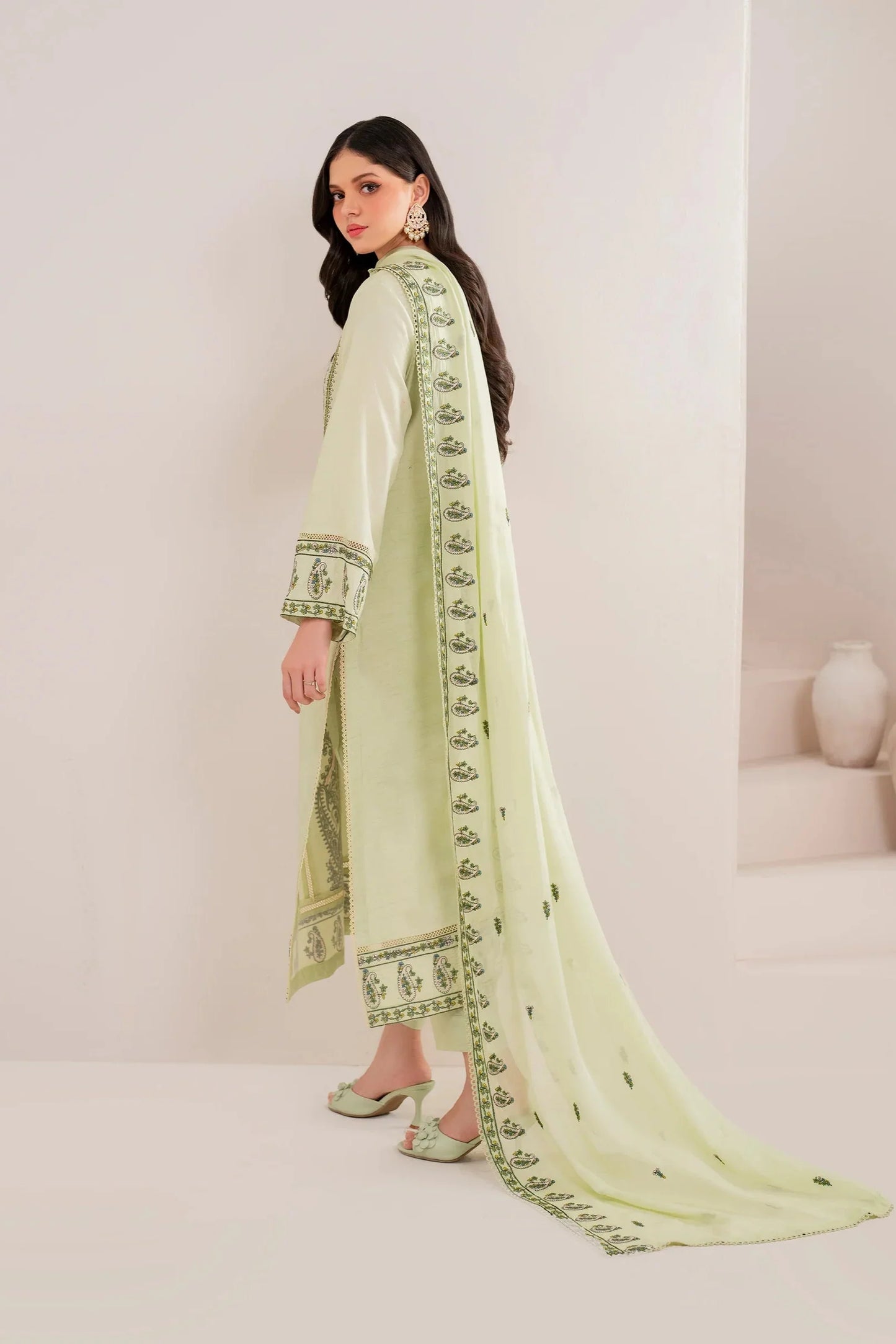 GARNET - 3PC DHANAK EMBROIDERED SHIRT WITH DHANAK EMBROIDERED SHAWL AND TROUSER - HZG2404