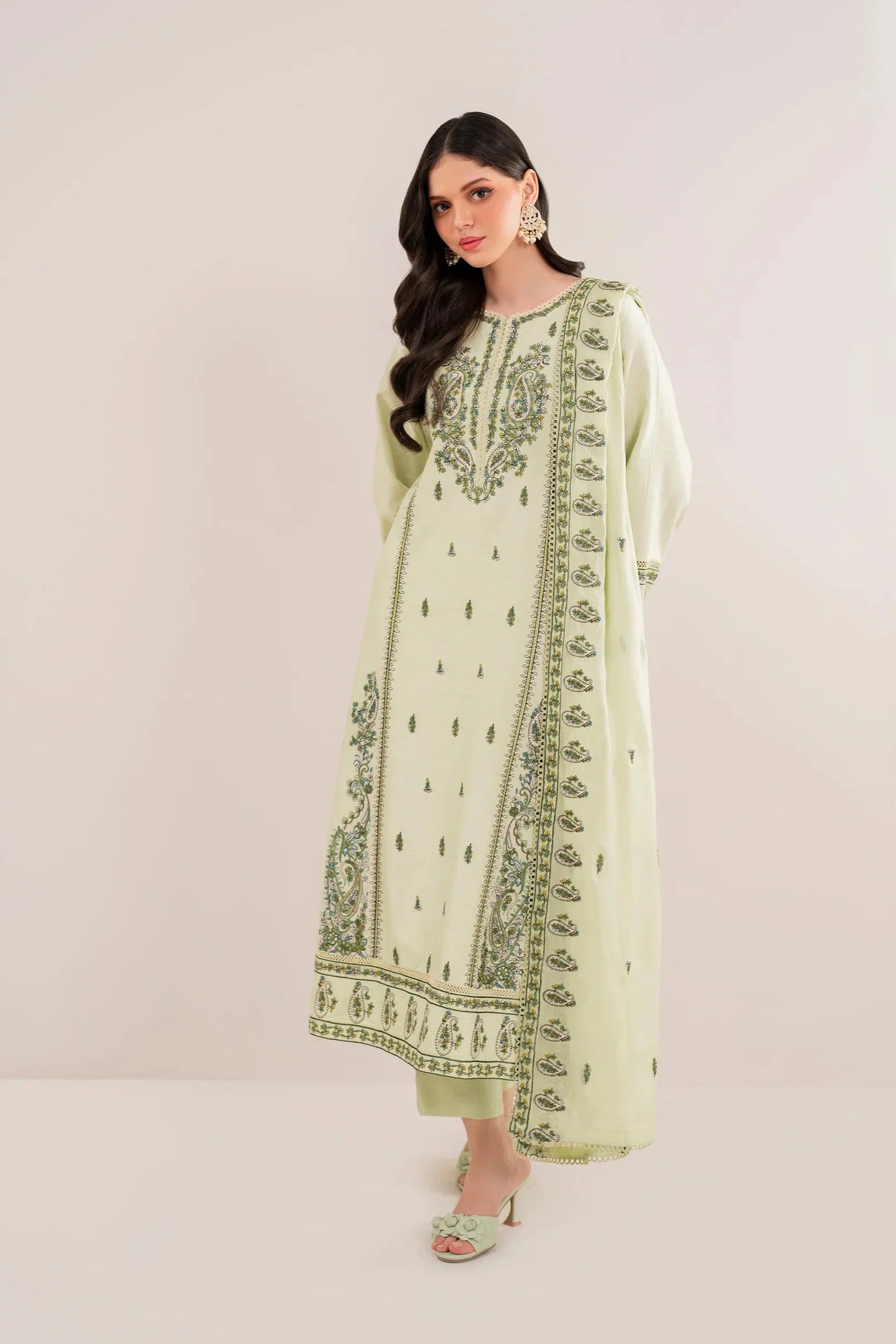 GARNET - 3PC DHANAK EMBROIDERED SHIRT WITH DHANAK EMBROIDERED SHAWL AND TROUSER - HZG2404