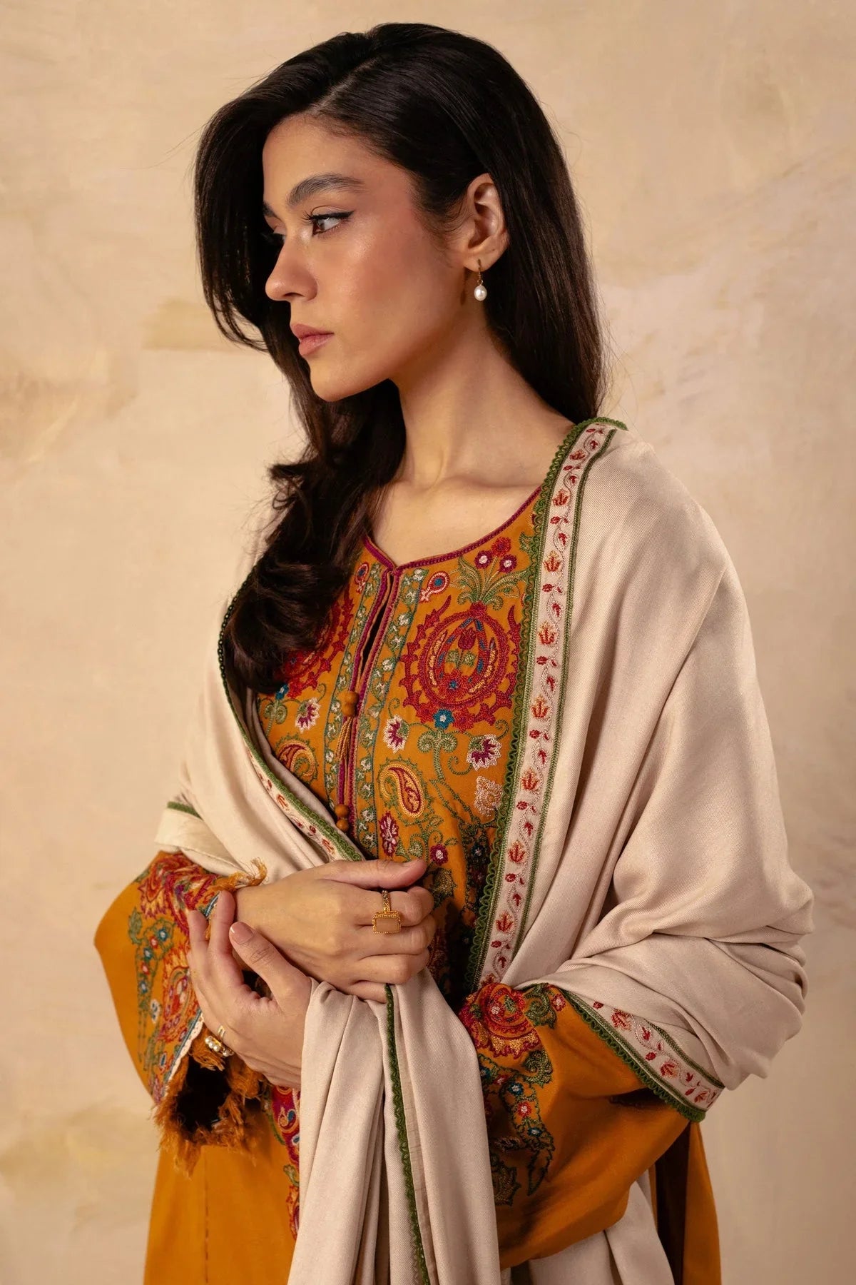 ZARA SHAHJAHAN - 3PC DHANAK EMBROIDERED SHIRT WITH DHANAK EMBROIDERED SHAWL AND TROUSER - HZG1380