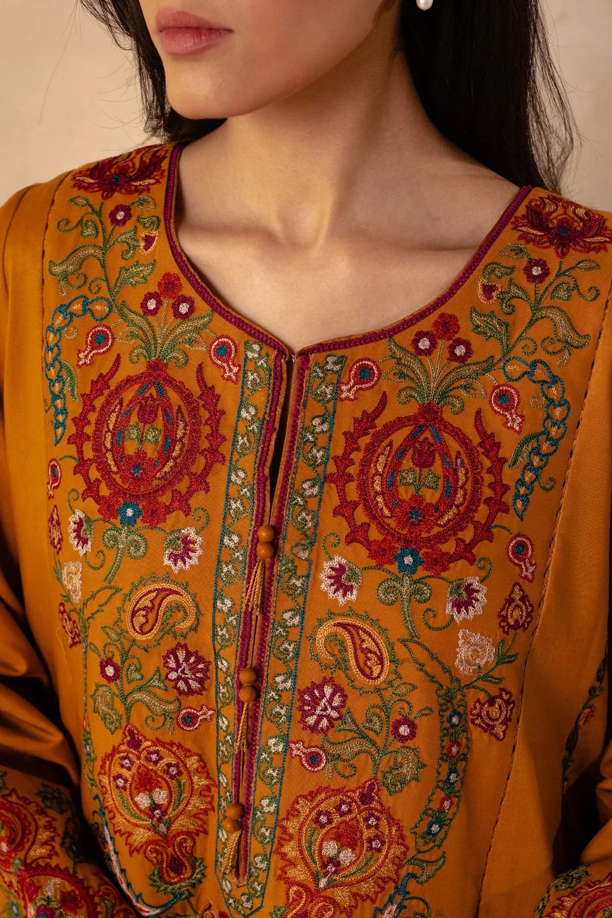 ZARA SHAHJAHAN - 3PC DHANAK EMBROIDERED SHIRT WITH DHANAK EMBROIDERED SHAWL AND TROUSER - HZG1380