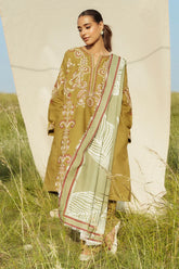 ZARA SHAHJAHAN - 3PC DHANAK EMBROIDERED SHIRT WITH TWILL PRINTED SHAWL AND TROUSER - HZG1889