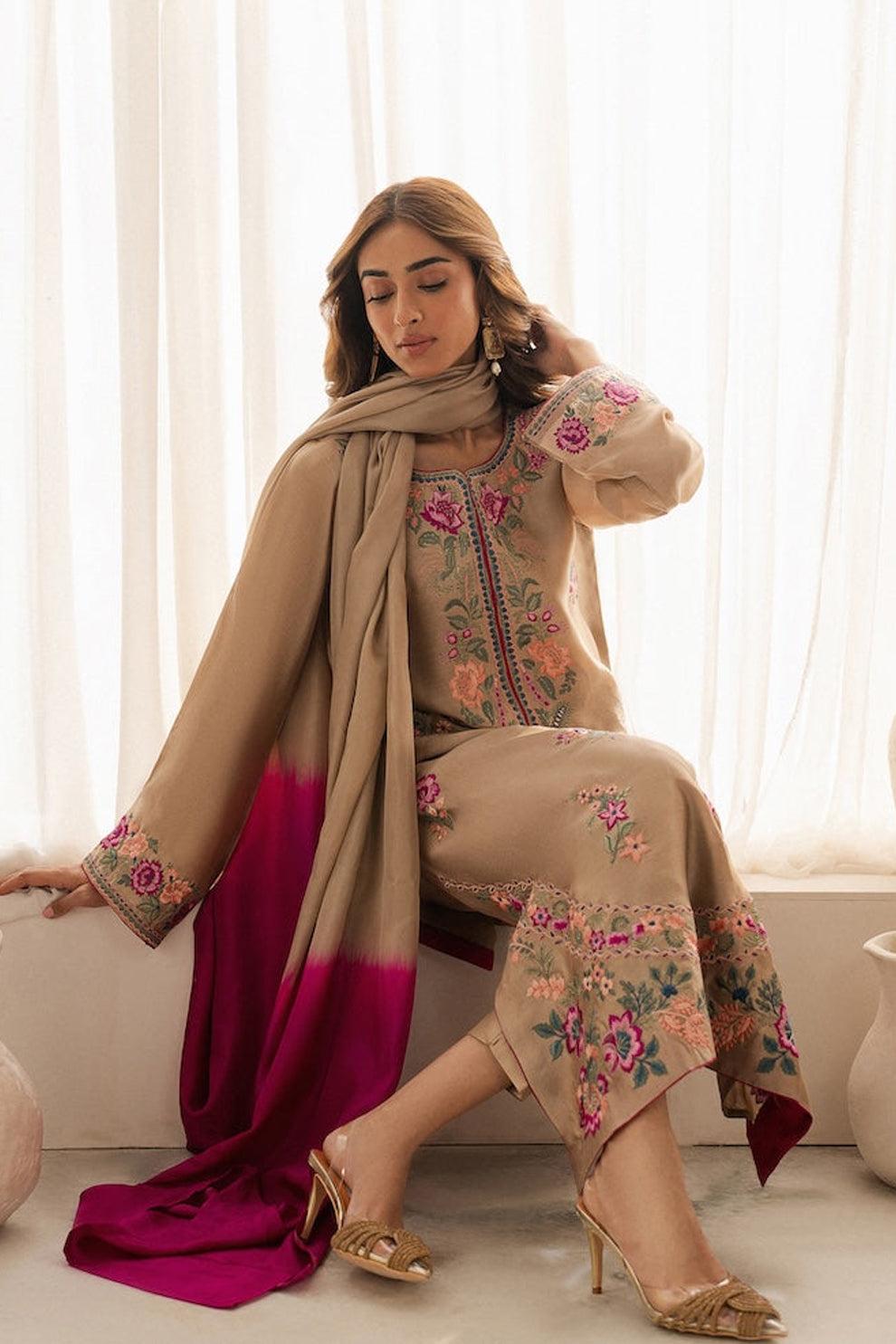 BATIK - 3PC DHANAK EMBROIDERED SHIRT WITH TYE & DYE CHIFFON DUPATTA AND TROUSER - HZG2109