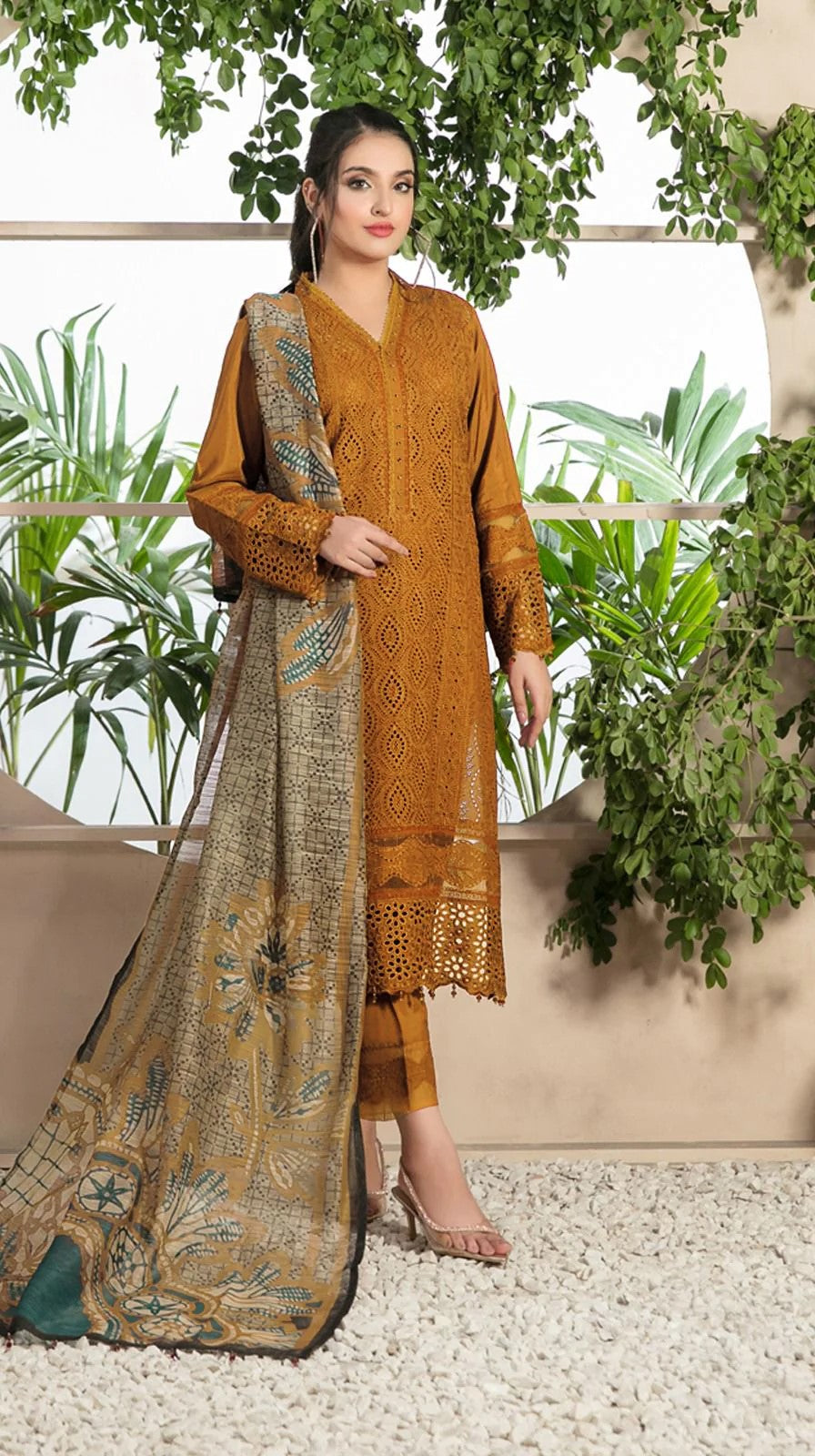 CHARIZMA - 3PC LAWN EMBROIDERED CHIKANKARI SHIRT WITH DIAMOND DIGITAL PRINTED DUPATTA - HZG1037