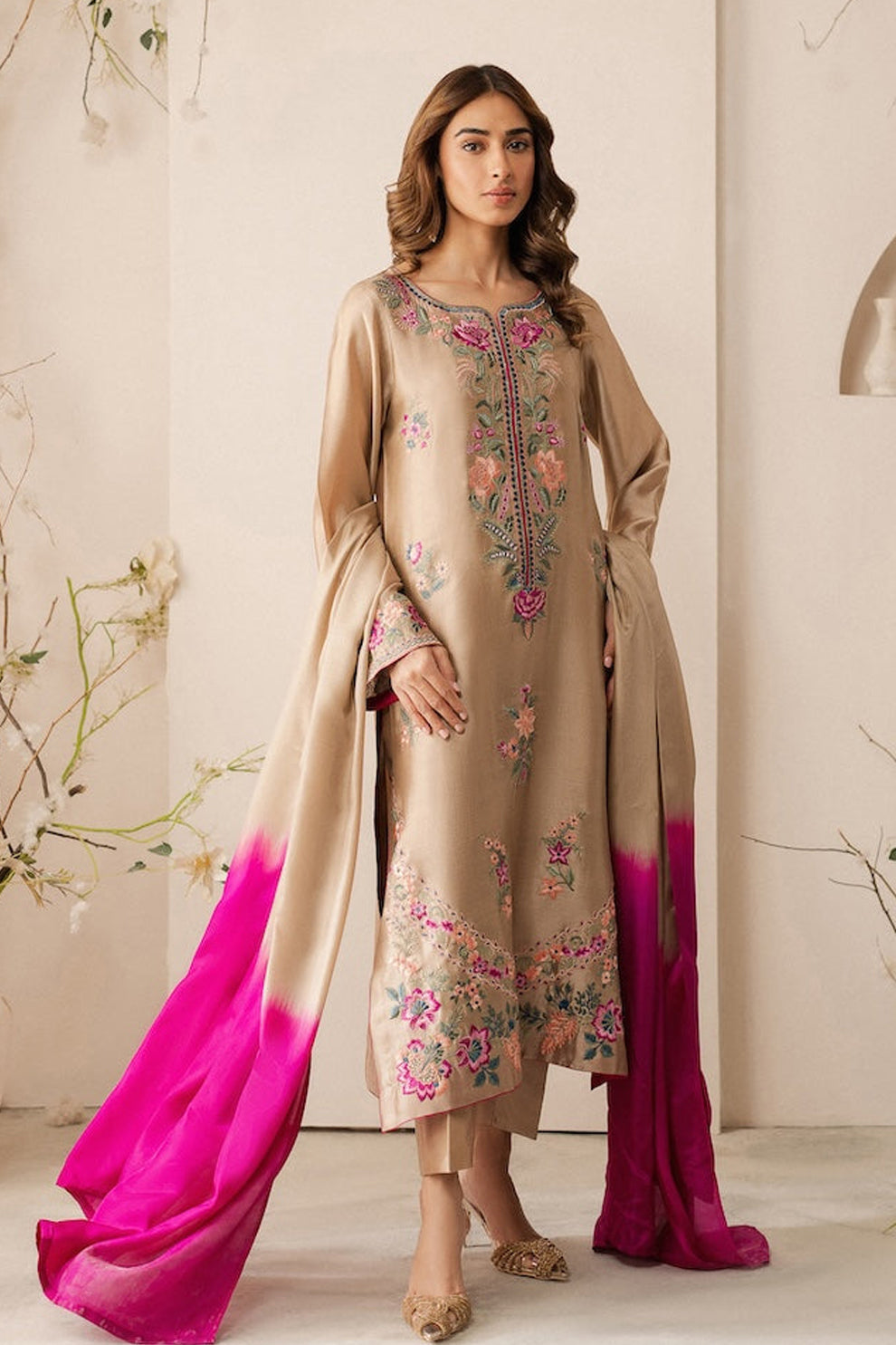 BATIK - 3PC DHANAK EMBROIDERED SHIRT WITH TYE & DYE CHIFFON DUPATTA AND TROUSER - HZG2109