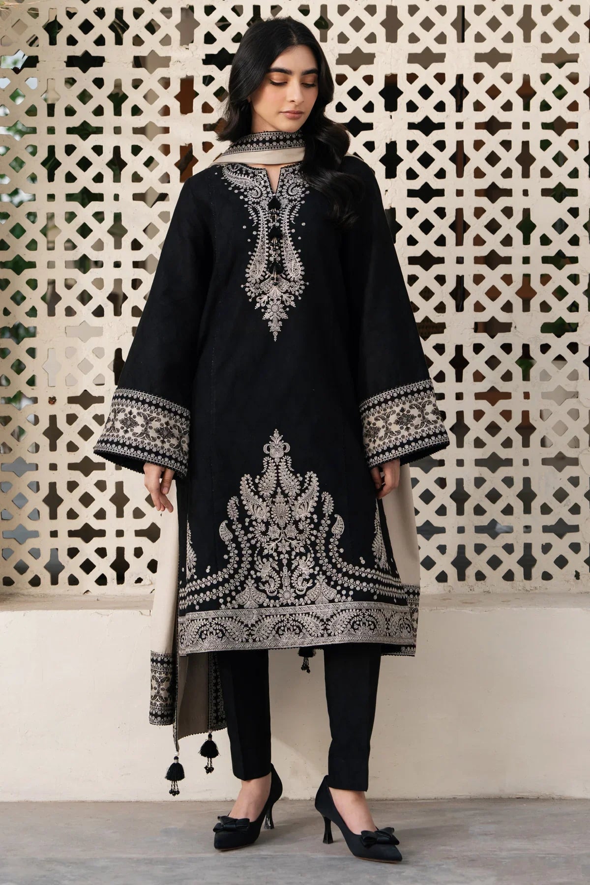 JAZMIN - 3PC DHANAK EMBROIDERED SHIRT WITH DHANAK EMBROIDERED SHAWL AND TROUSER - HZG2046