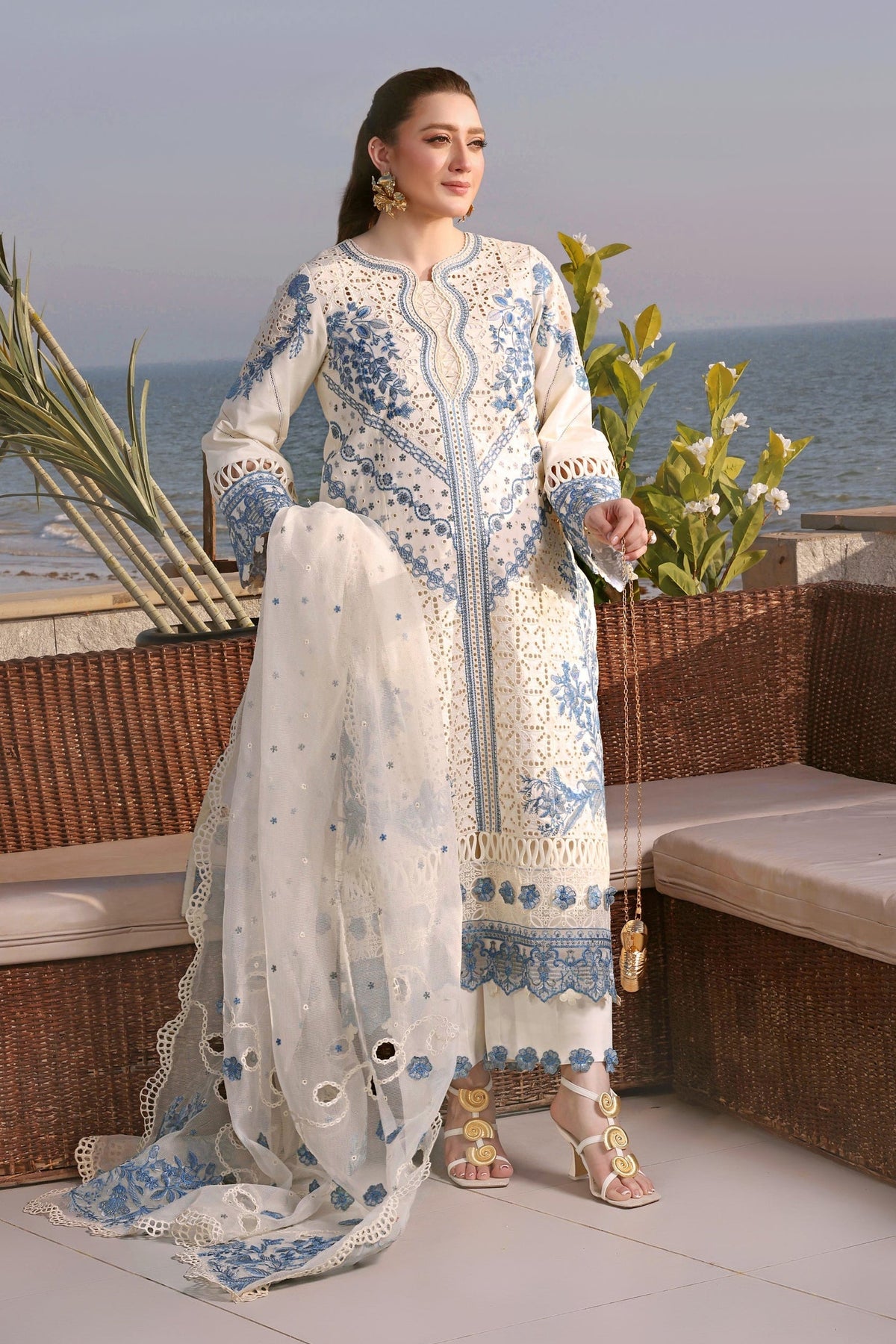 ANEELAS - 3PC LAWN EMBROIDERED SHIRT WITH KHADDI NET EMBROIDERED DUPATTA AND TROUSER - HZG2796