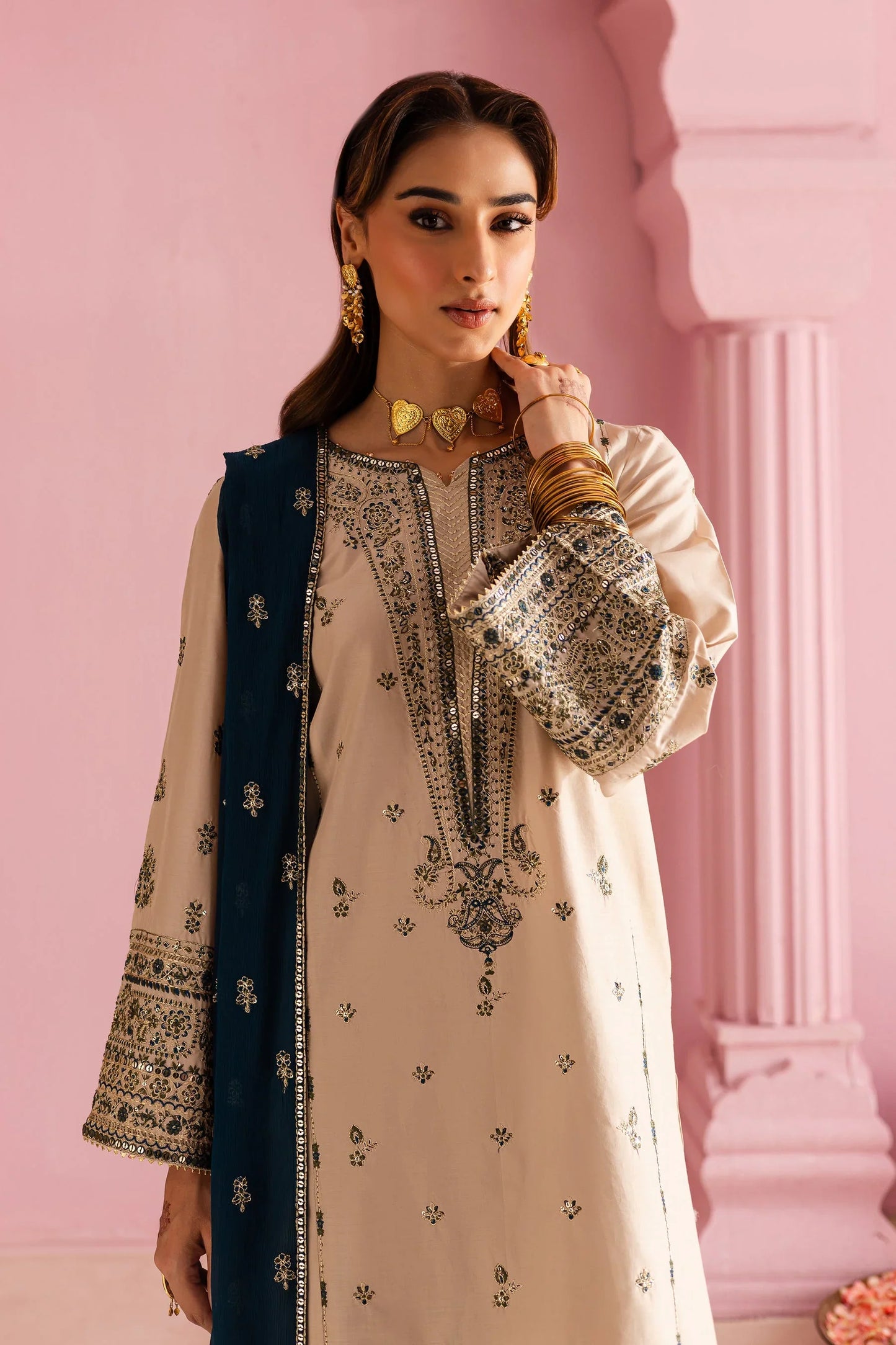 BATIK - 3PC DHANAK EMBROIDERED SHIRT WITH DHANAK EMBROIDERED SHAWL AND TROUSER - HZG2420