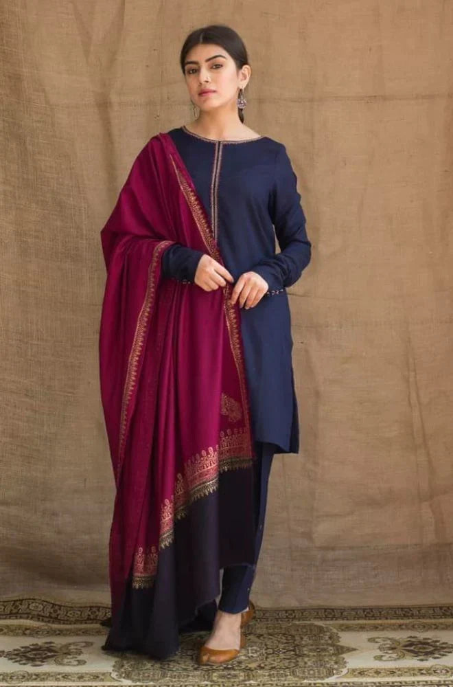 AISLING - 3PC DHANAK EMBROIDERED SHIRT WITH PRINTED TWIL SHAWL - HZG1331