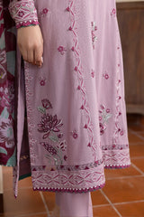 JAZMIN - 3PC SLUB DHANAK EMBROIDERED SHIRT WITH TWILL PRINTED SHAWL AND TROUSER - HZG1273