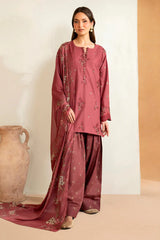 IZNIK - 3PC DHANAK EMBROIDERED SHIRT WITH TWILL PRINTED SHAWL AND TROUSER - HZG2393
