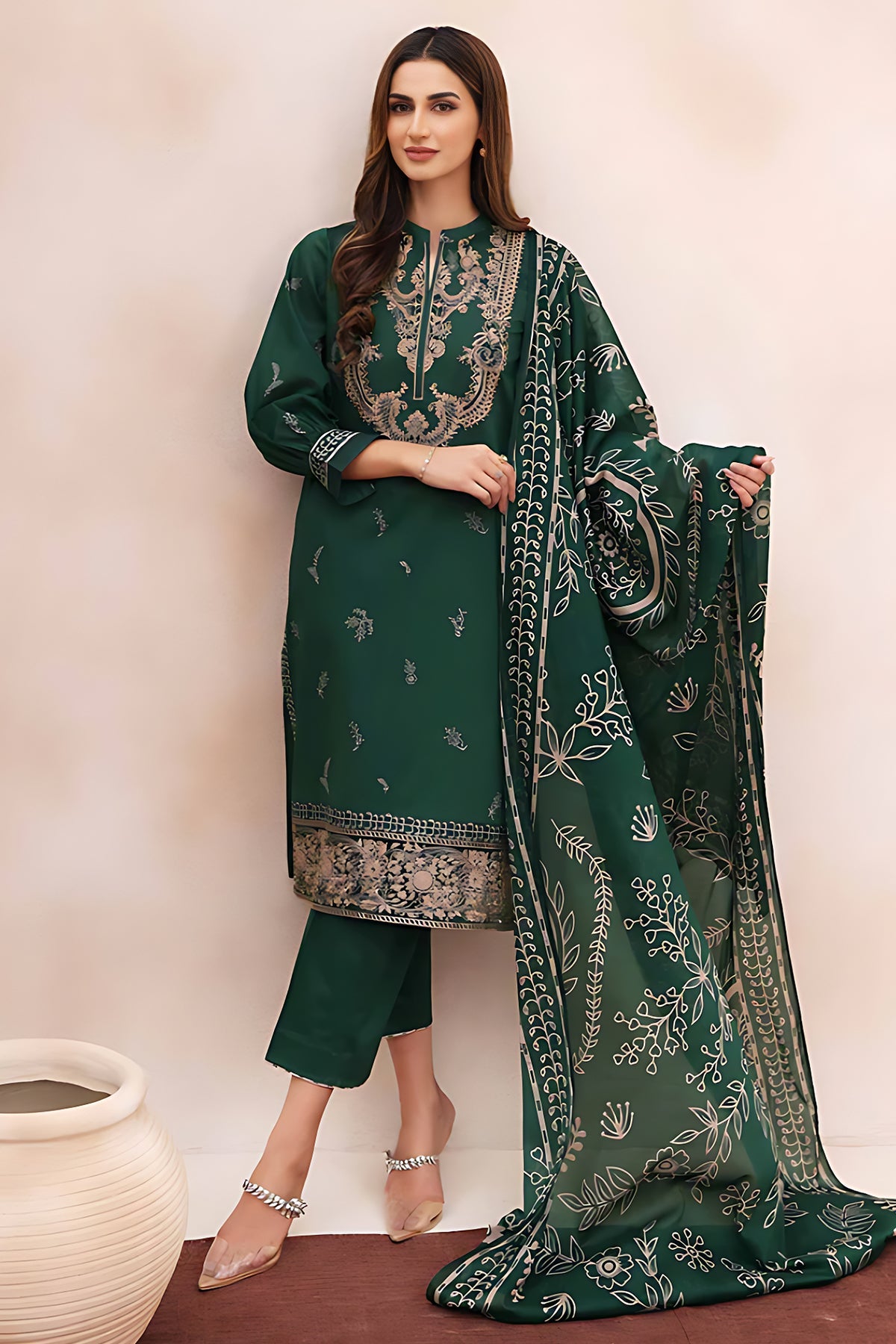 JAZMIN - 3PC DHANAK EMBROIDERED SHIRT WITH PASHMINA PRINTED SHAWL AND TROUSER - HZG1437