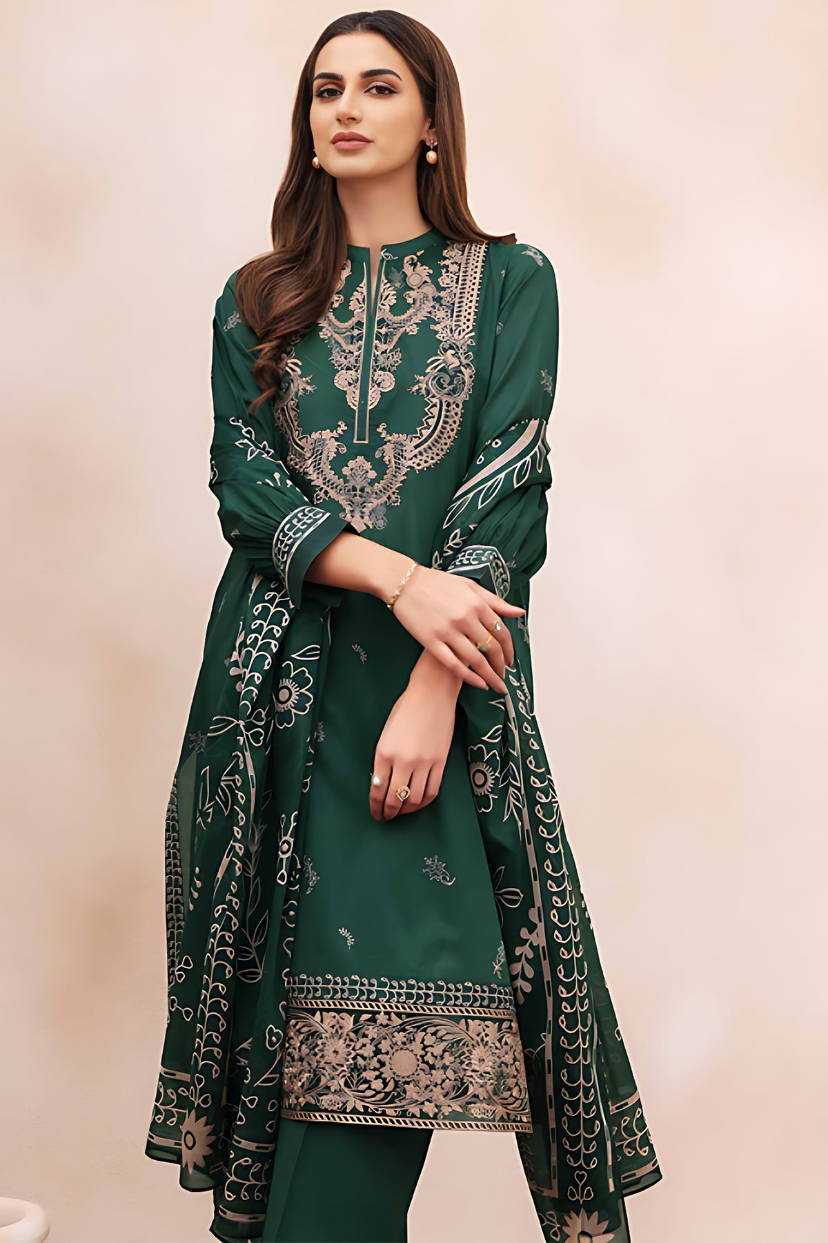 JAZMIN - 3PC DHANAK EMBROIDERED SHIRT WITH PASHMINA PRINTED SHAWL AND TROUSER - HZG1437