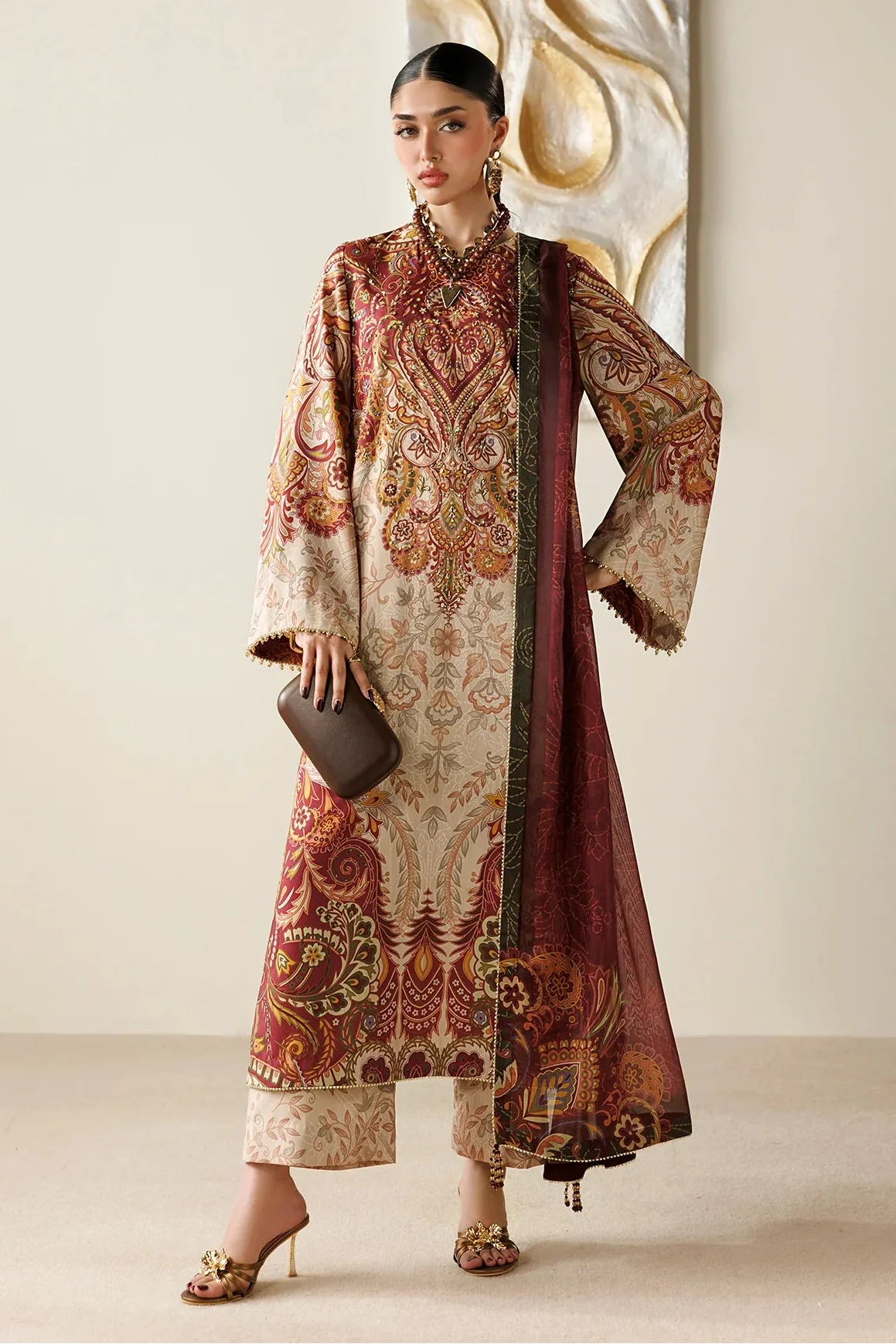 JAZMIN - 3PC KARANDI PRINTED SHIRT WITH KARANDI PRINTED SHAWL AND TROUSER - HZG3135