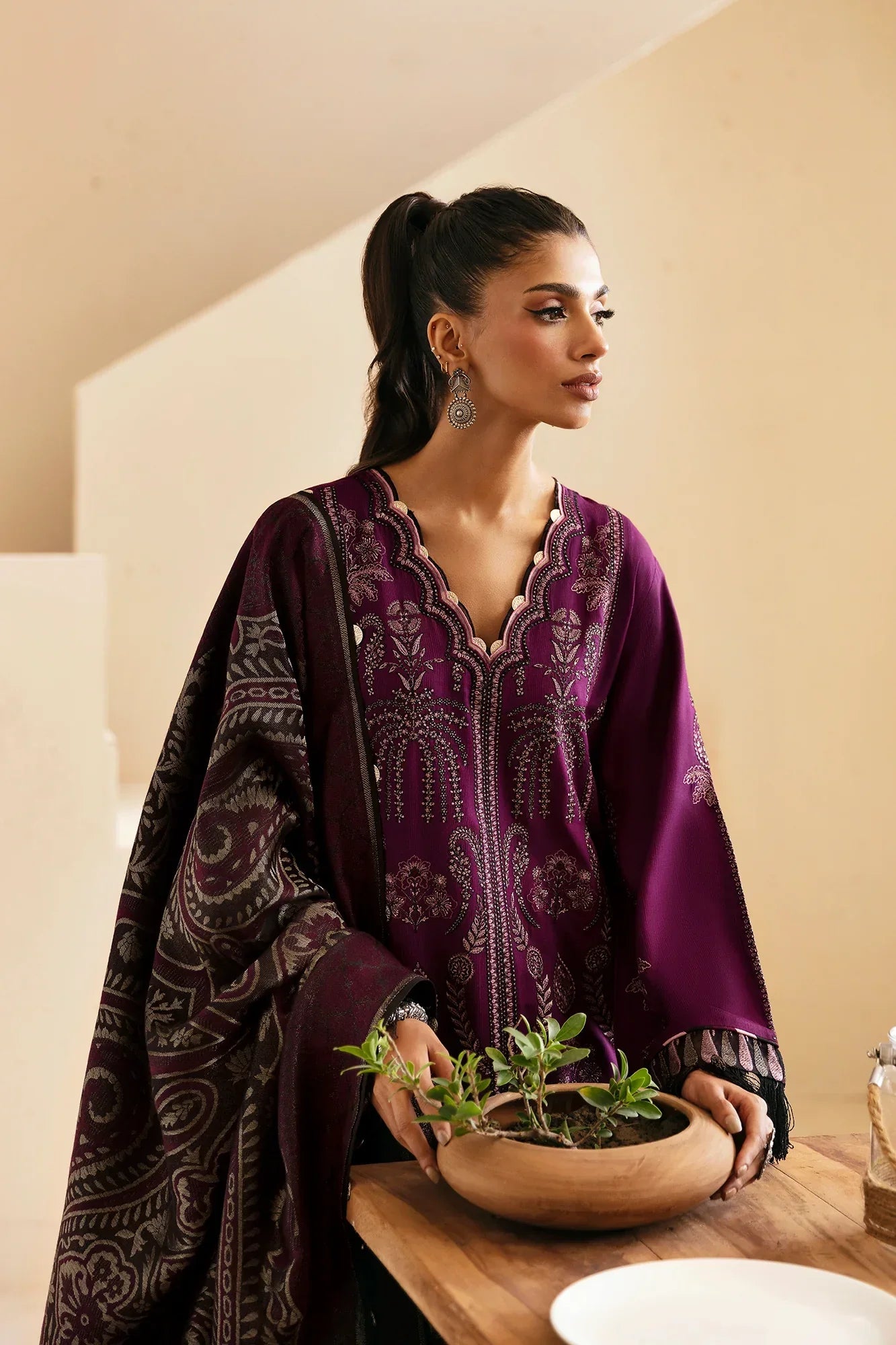 ETHNC - 3PC DHANAK EMBROIDERED SHIRT WITH TWILL PRINTED SHAWL AND TROUSER - HZG1893