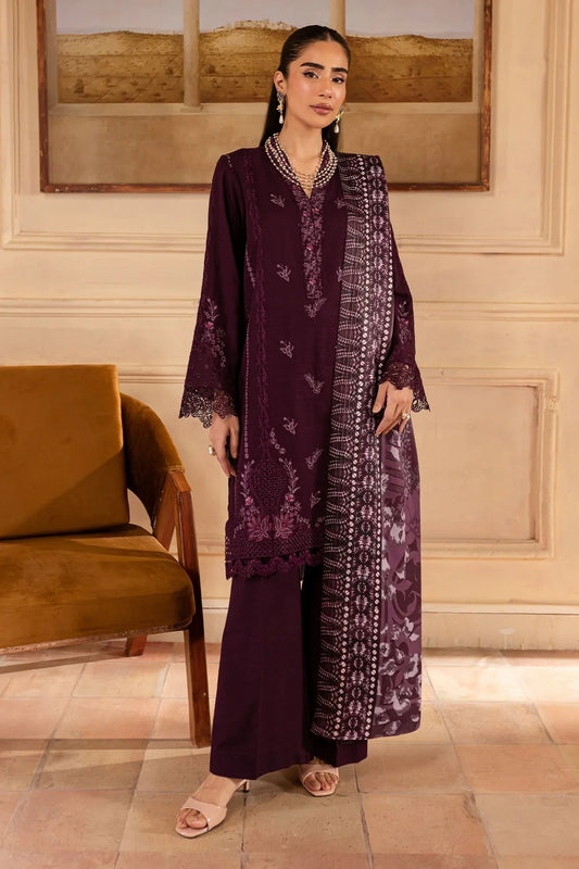 NUREH - 3PC DHANAK EMBROIDERED SHIRT WITH TWILL PRINTED SHAWL AND TROUSER - HZG2547