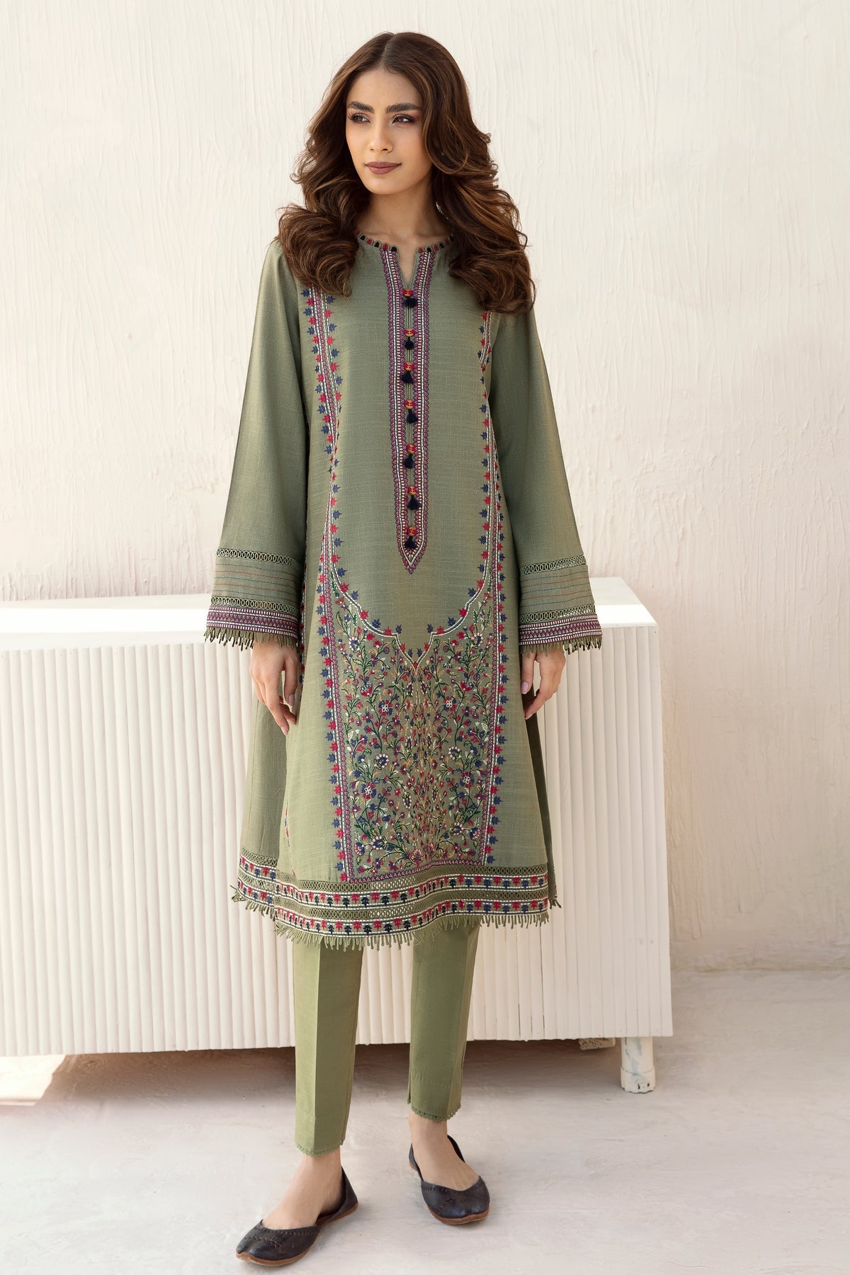 JAZMIN - 3PC SLUB DHANAK EMBROIDERED SHIRT WITH DHANAK SHAWL AND TROUSER - HZ1291