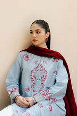 ZARA SHAH JAHAN - 3PC DHANAK EMBROIDERED SHIRT WITH DHANAK EMBROIDERED SHAWL AND TROUSER - HZG2329